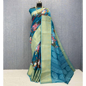 Blue Festive Wear Woven & Printed Chanderi Silk Saree - Peachmode