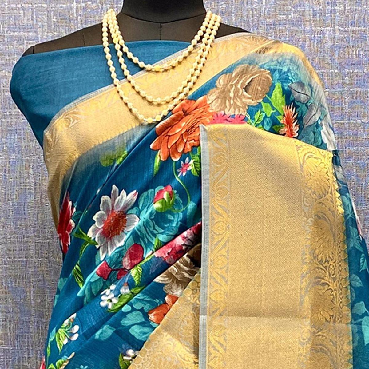 Blue Festive Wear Woven & Printed Chanderi Silk Saree - Peachmode
