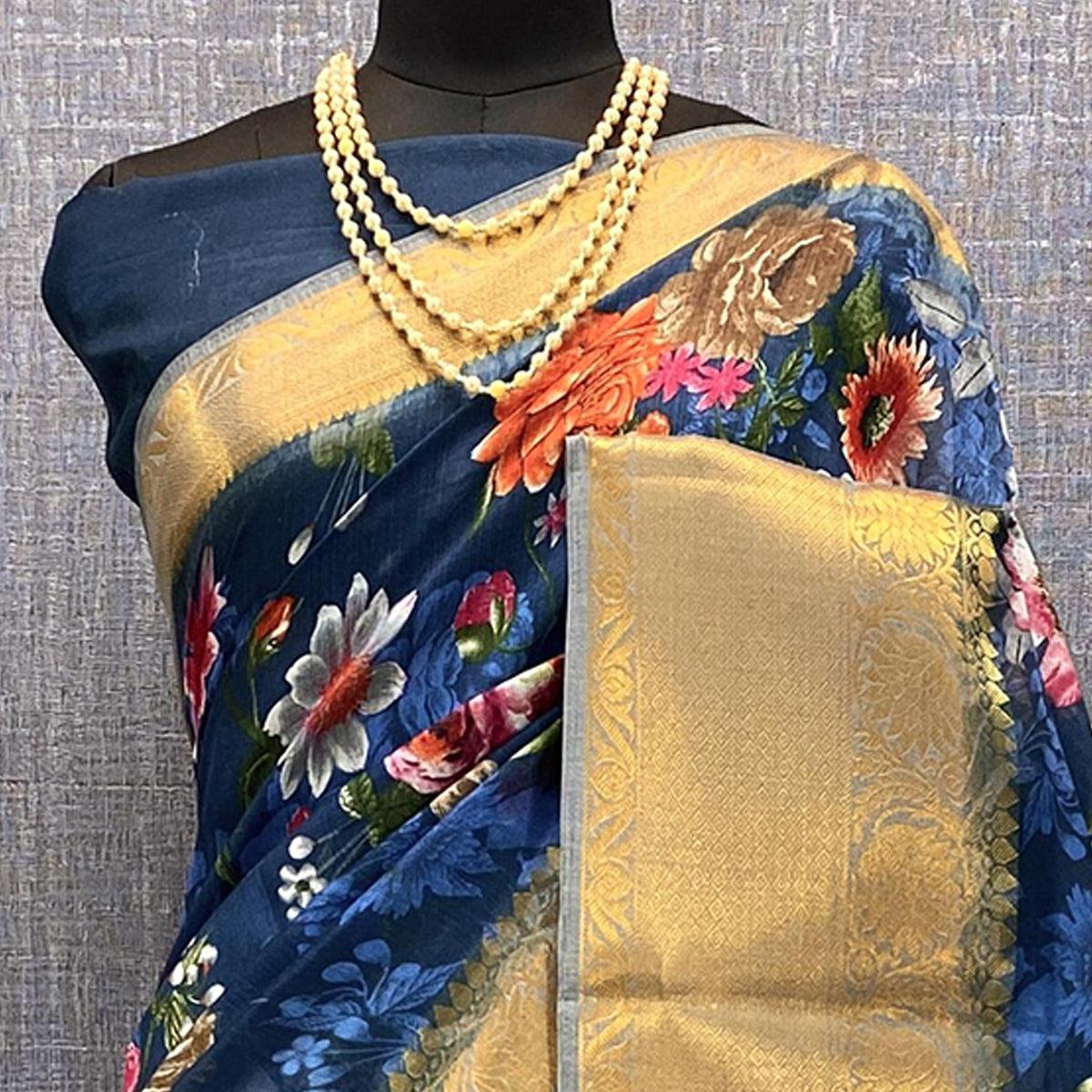 Blue Festive Wear Woven & Printed Chanderi Silk Saree - Peachmode