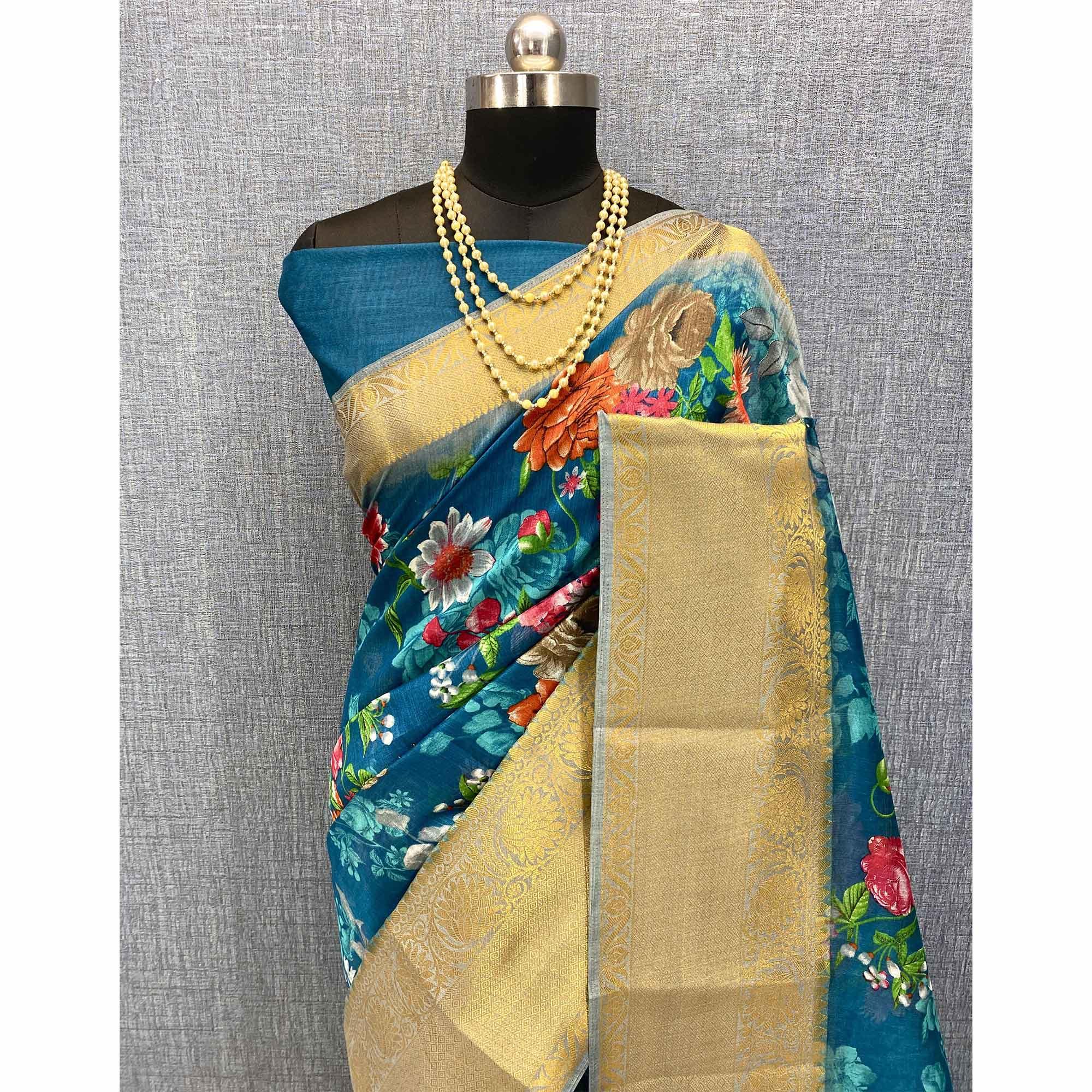 Blue Festive Wear Woven & Printed Chanderi Silk Saree - Peachmode