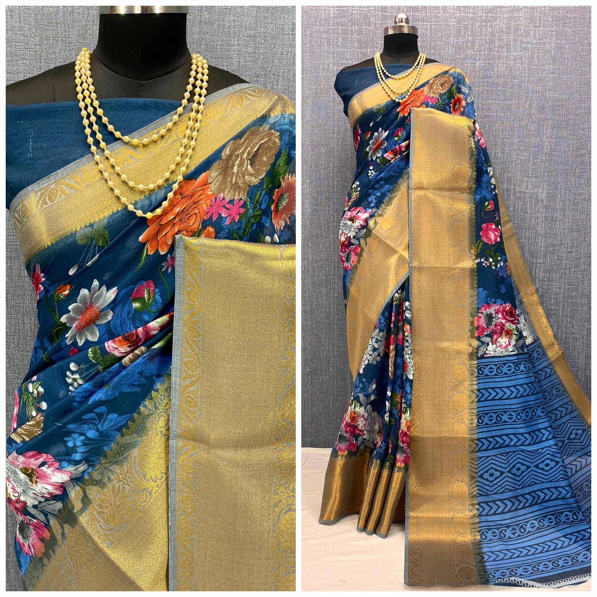 Blue Festive Wear Woven & Printed Chanderi Silk Saree - Peachmode