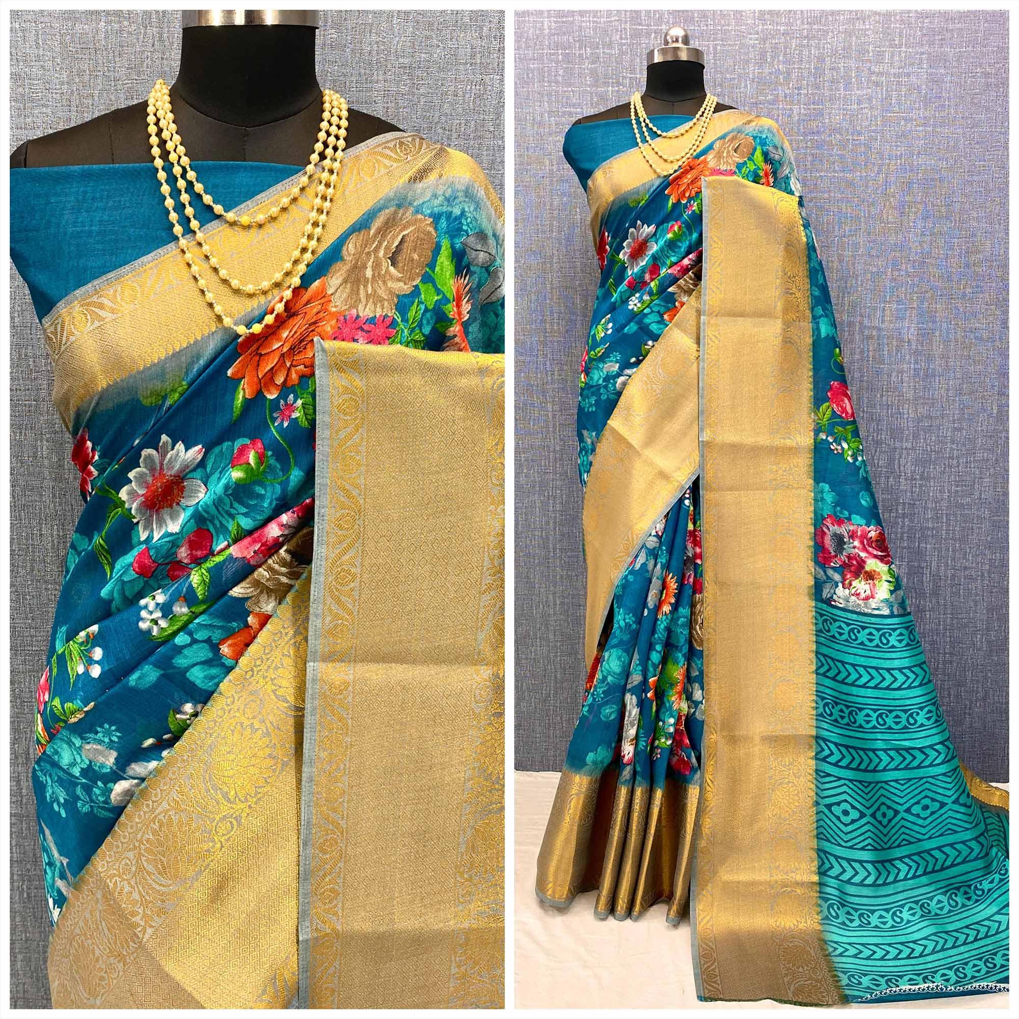 Blue Festive Wear Woven & Printed Chanderi Silk Saree - Peachmode