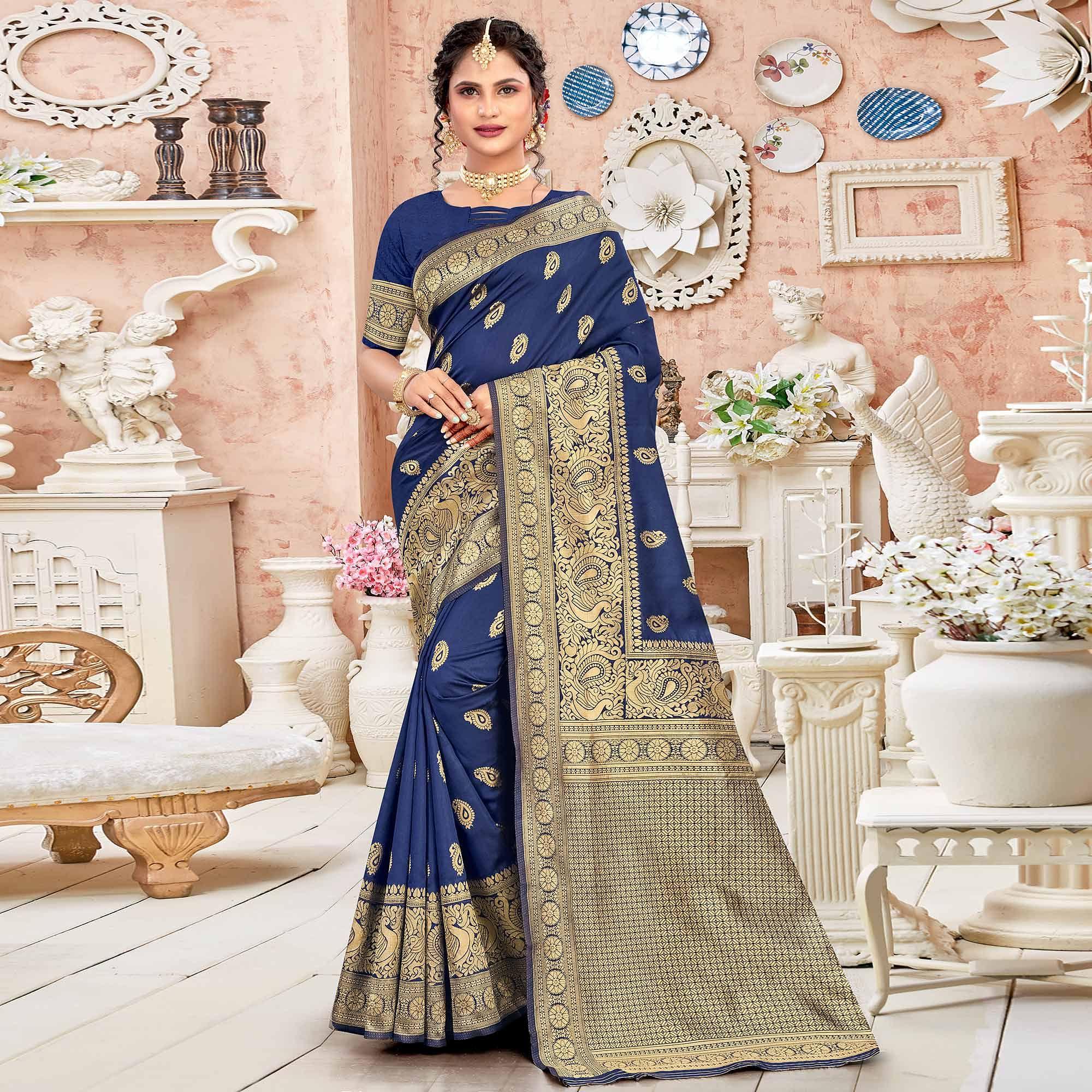 Blue Festive Wear Woven Art Silk Sare - Peachmode