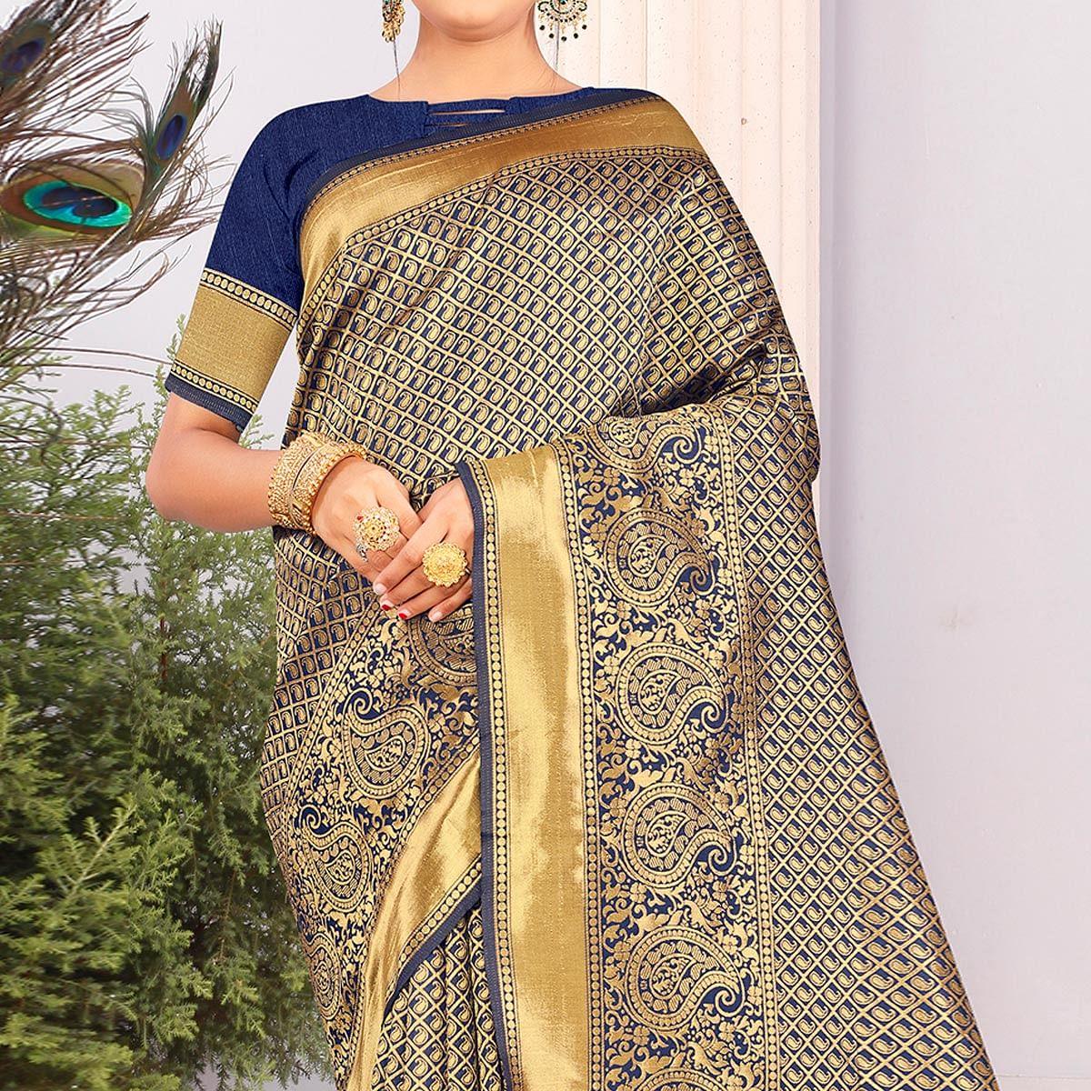 Blue Festive Wear Woven Art Silk Saree - Peachmode