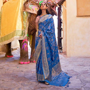 Blue Festive Wear Woven Art Silk Saree With Tassels - Peachmode