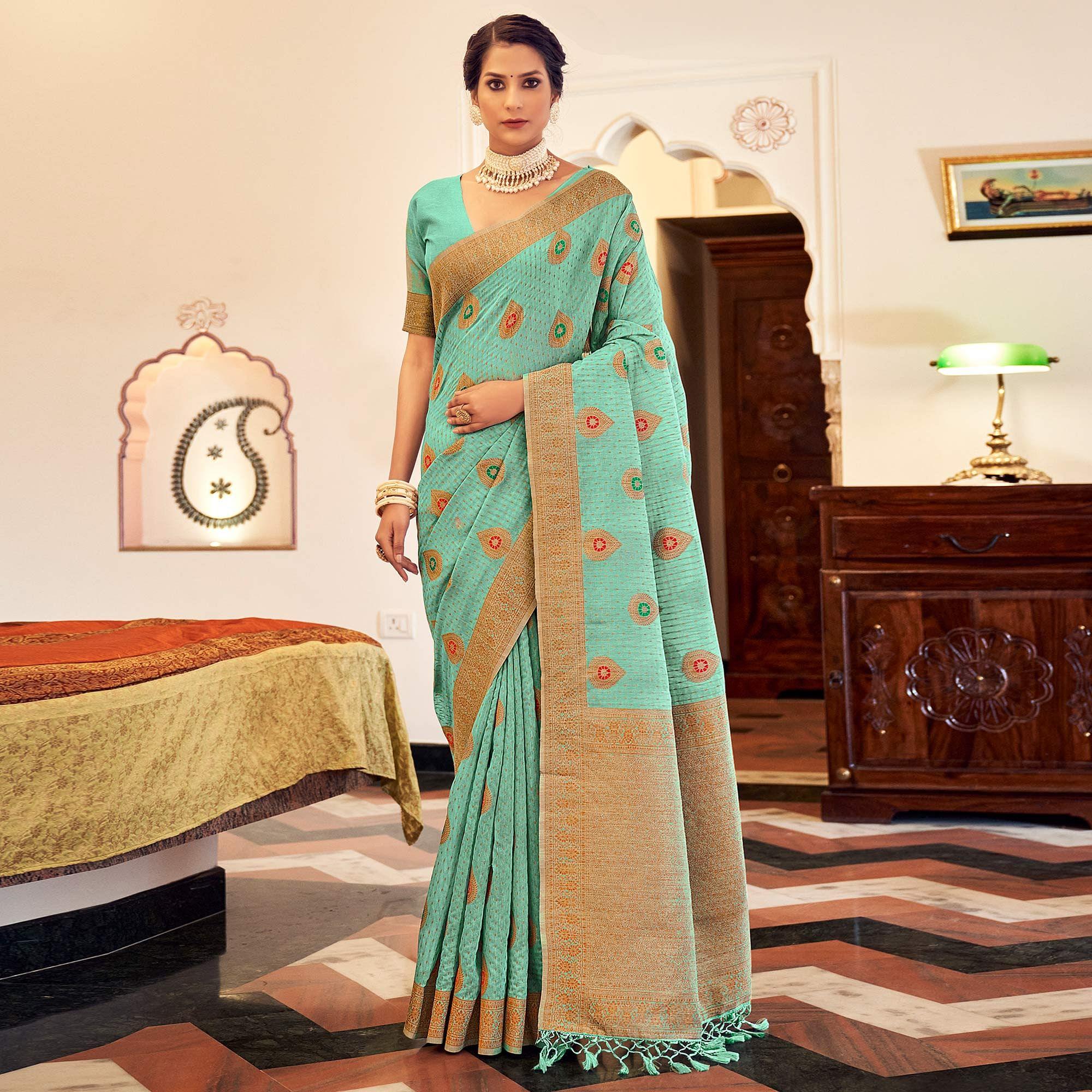 Blue Festive Wear Woven Banarasi Saree With Tassels - Peachmode