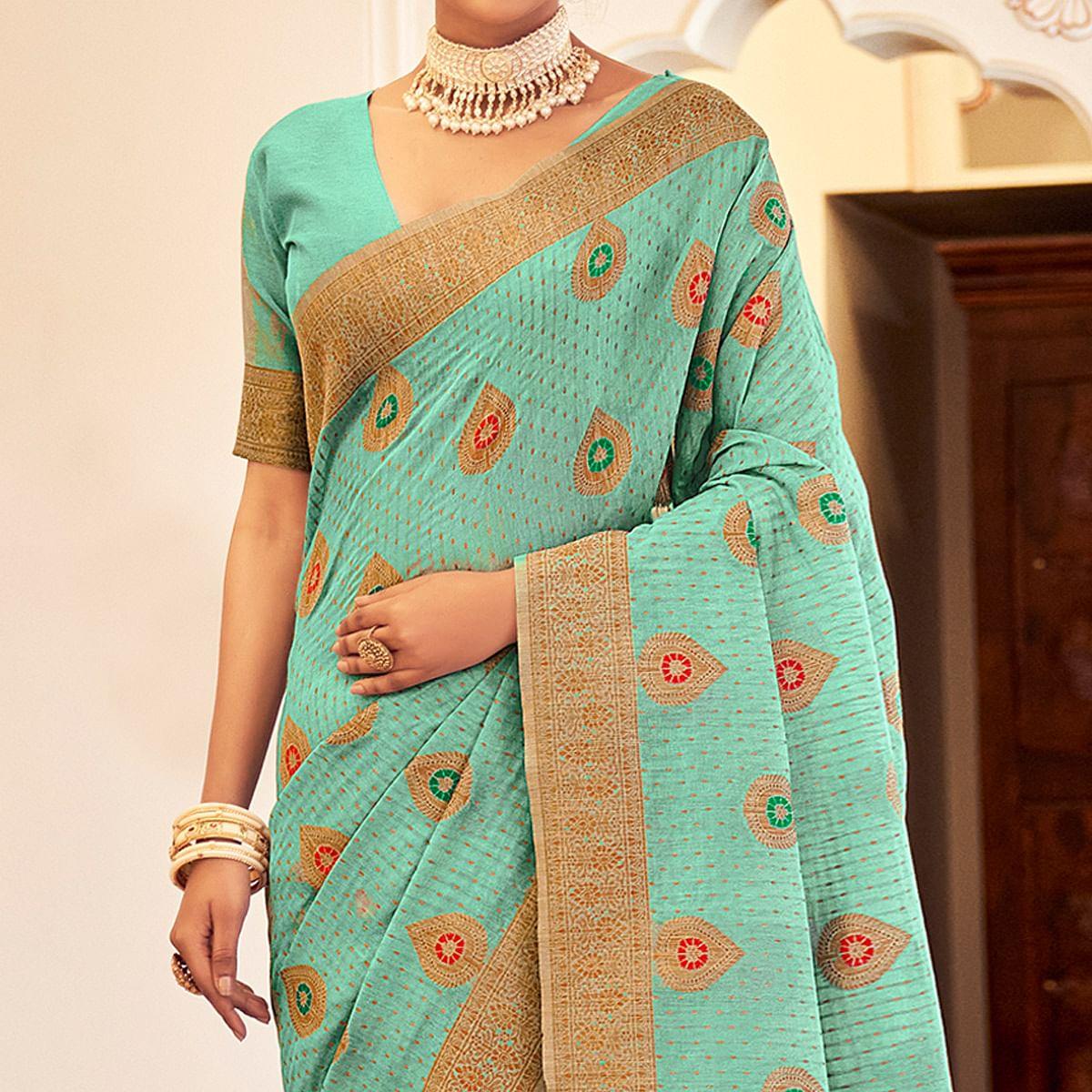 Blue Festive Wear Woven Banarasi Saree With Tassels - Peachmode