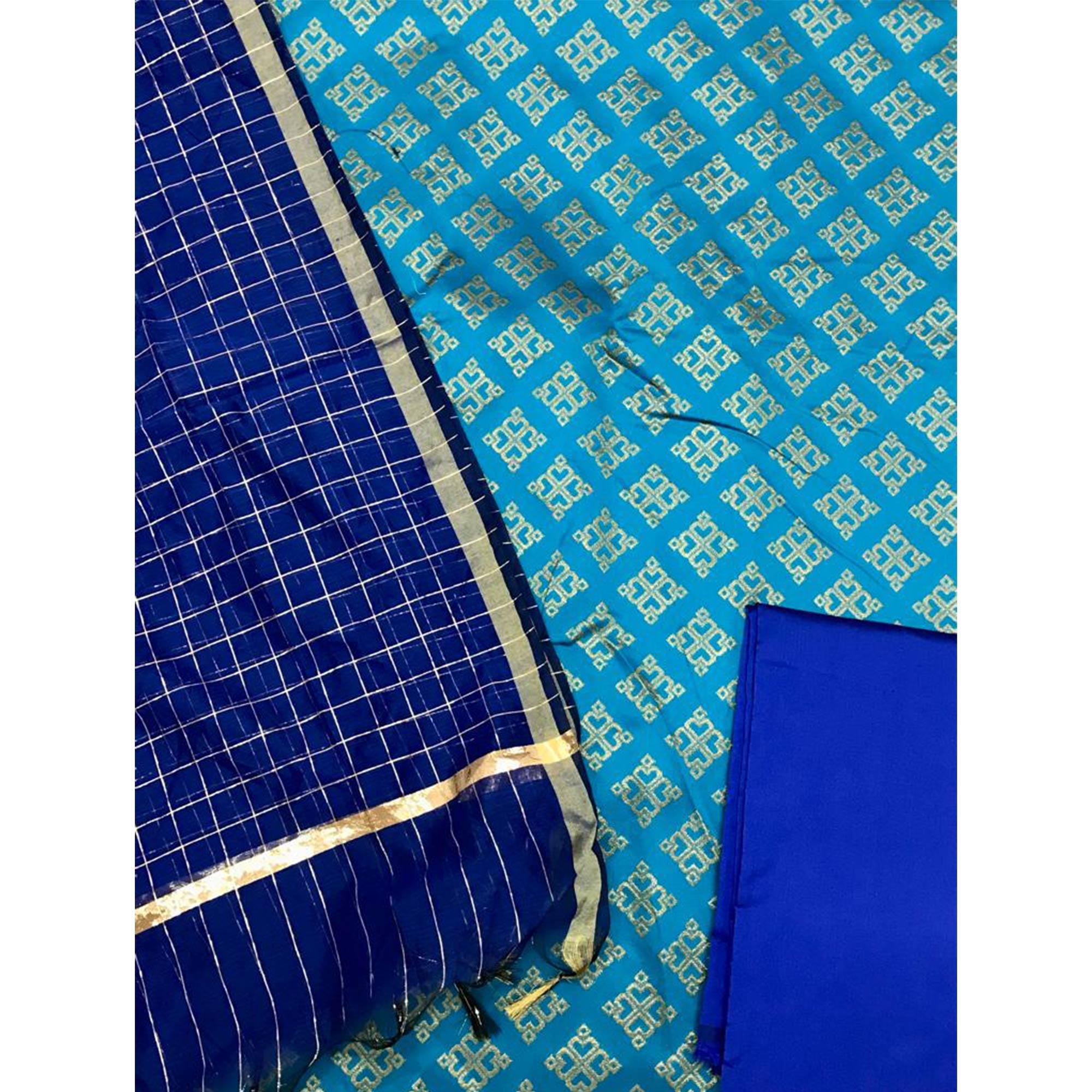 Blue Festive Wear Woven Banarasi Silk Dress Material - Peachmode