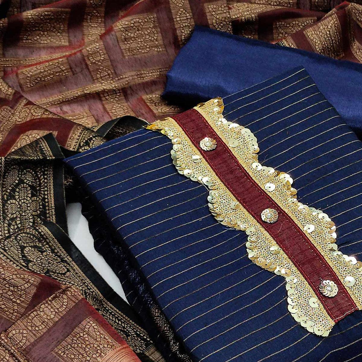 Blue Festive Wear Woven Banarasi Silk Jacquard Dress Material - Peachmode