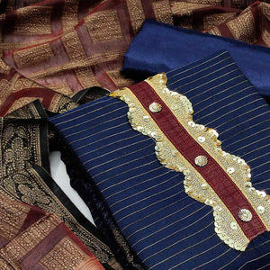 Blue Festive Wear Woven Banarasi Silk Jacquard Dress Material - Peachmode