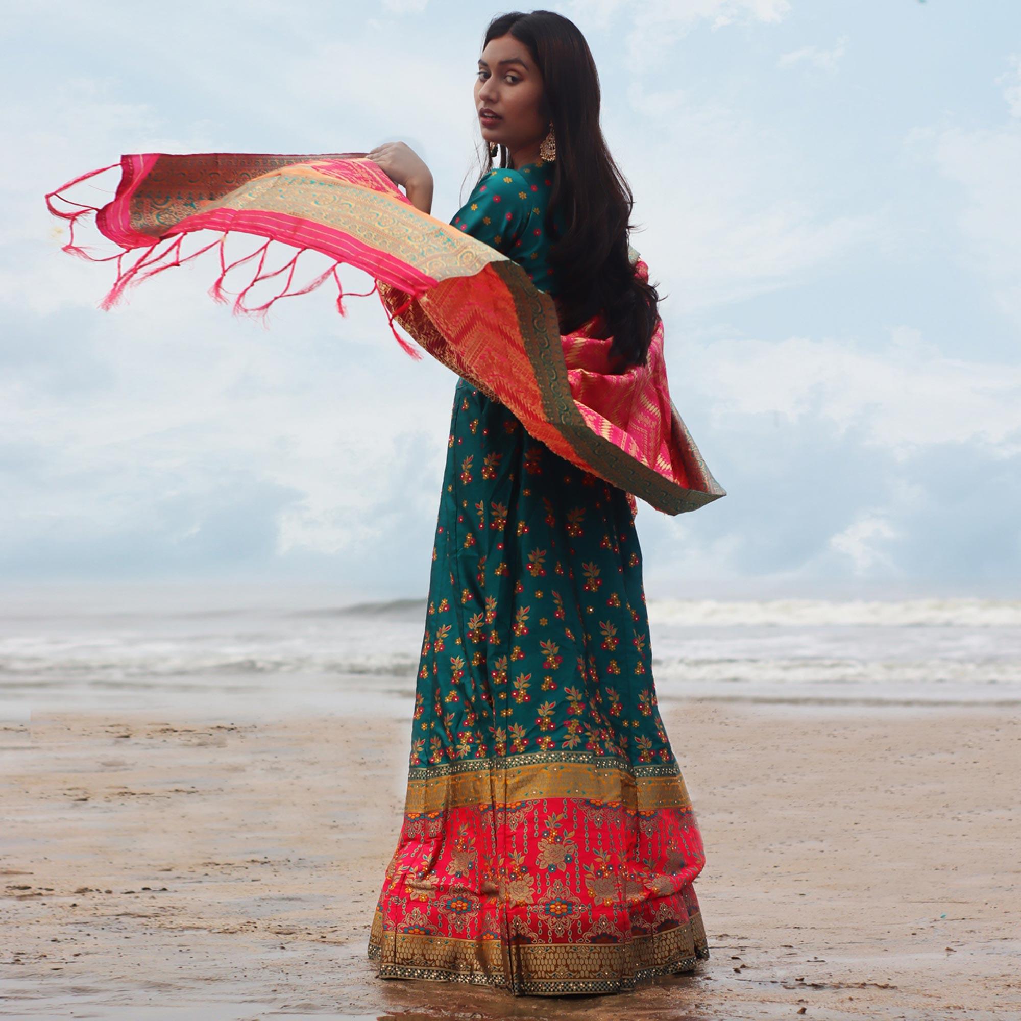 Blue Festive Wear Woven Banarasi Silk Lehenga Choli - Peachmode