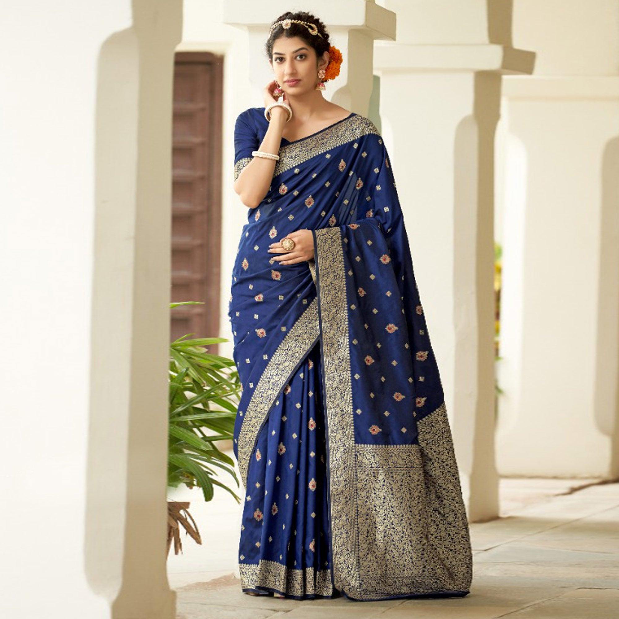 Blue Festive Wear Woven Banarasi Silk Saree - Peachmode