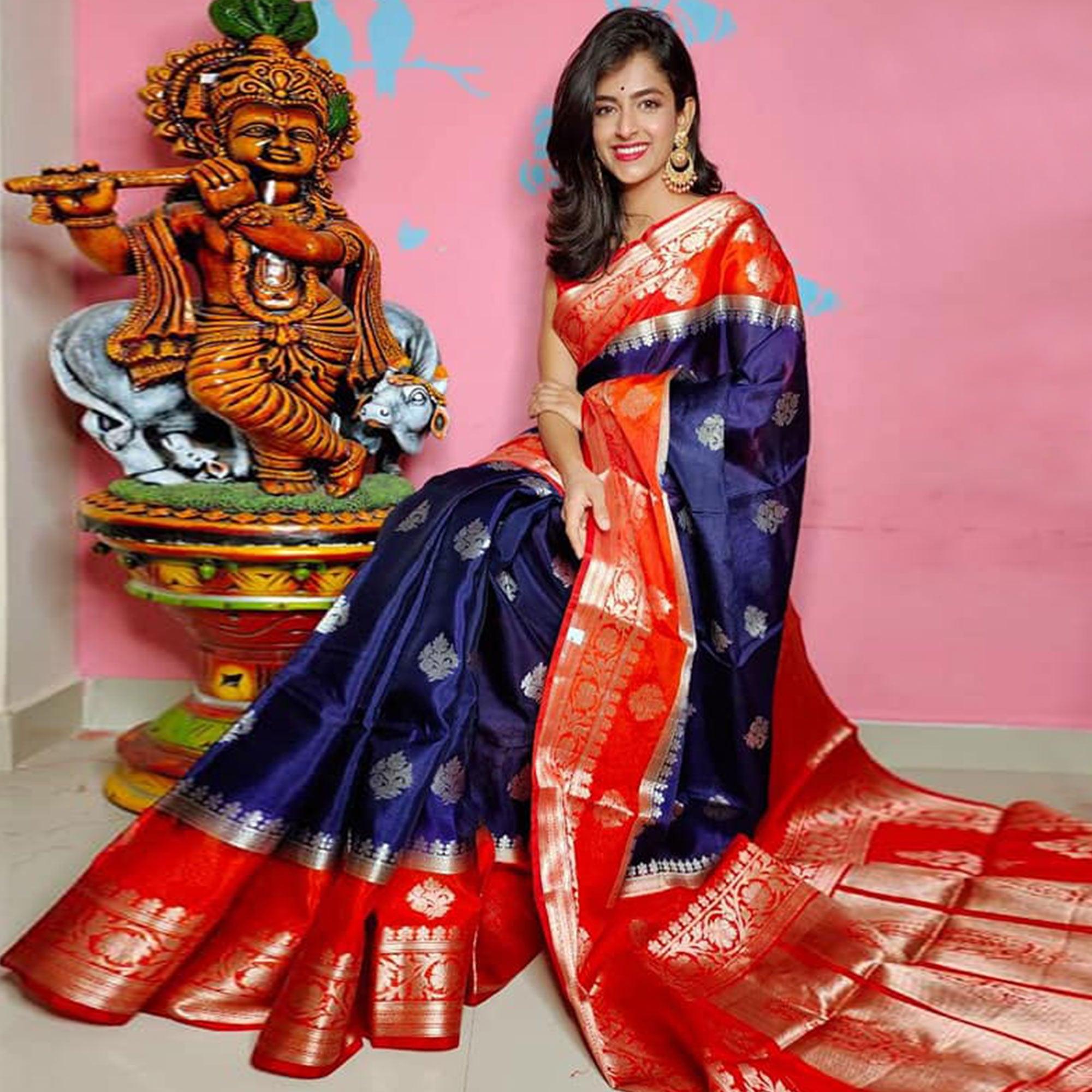 Blue Festive Wear Woven Banarasi Silk Saree - Peachmode