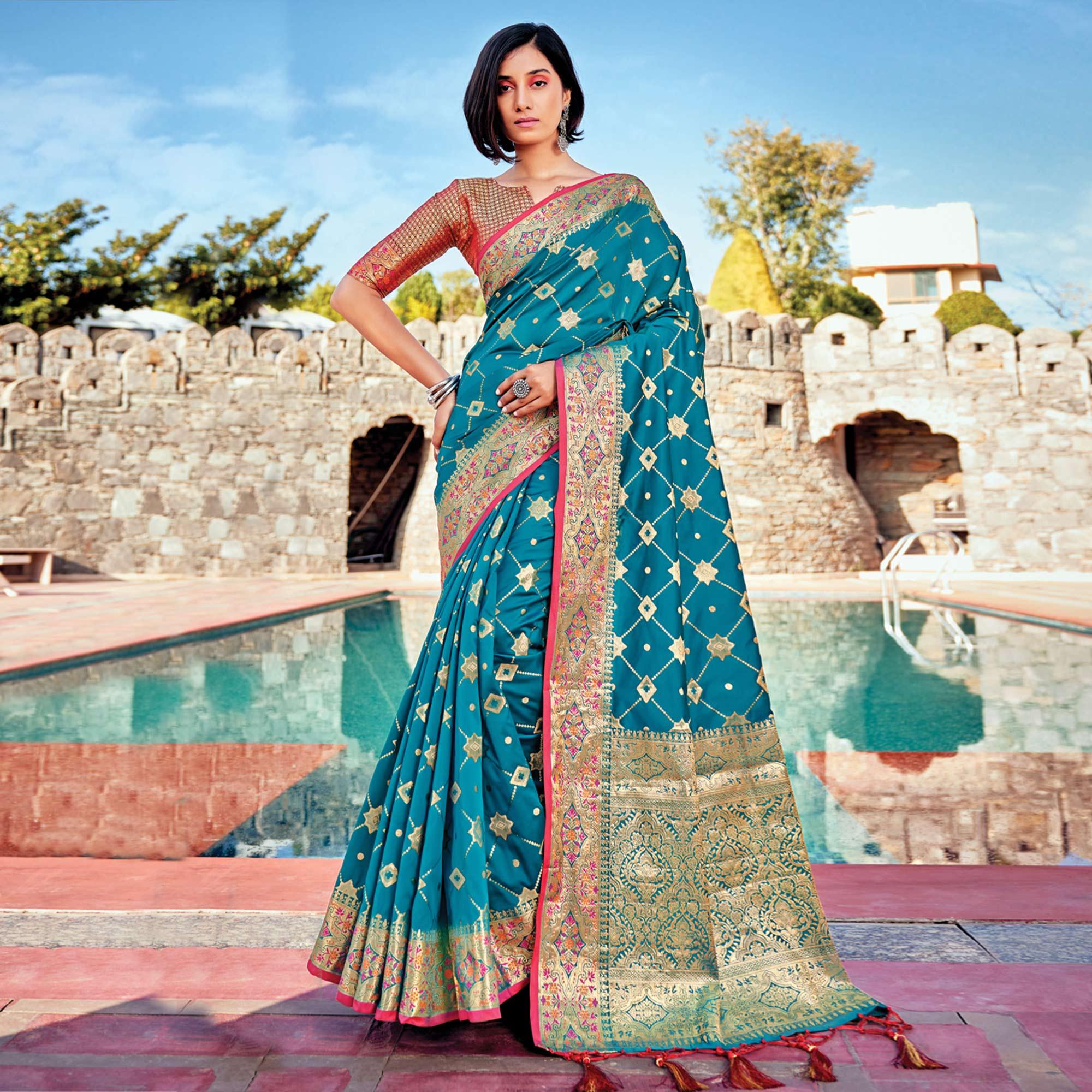 Blue Festive Wear Woven Banarasi Silk Saree - Peachmode