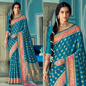Blue Festive Wear Woven Banarasi Silk Saree - Peachmode