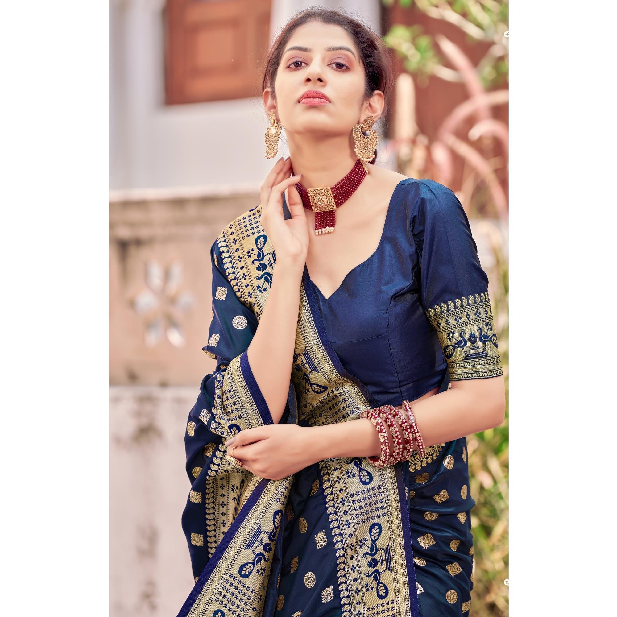 Blue Festive Wear Woven Banarasi Silk Saree - Peachmode