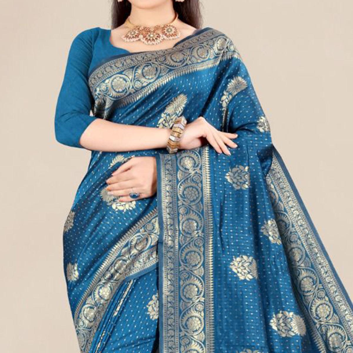 Blue Festive Wear Woven Banarasi Silk Saree - Peachmode