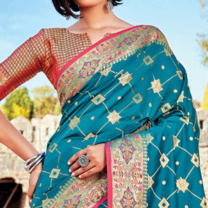 Blue Festive Wear Woven Banarasi Silk Saree - Peachmode