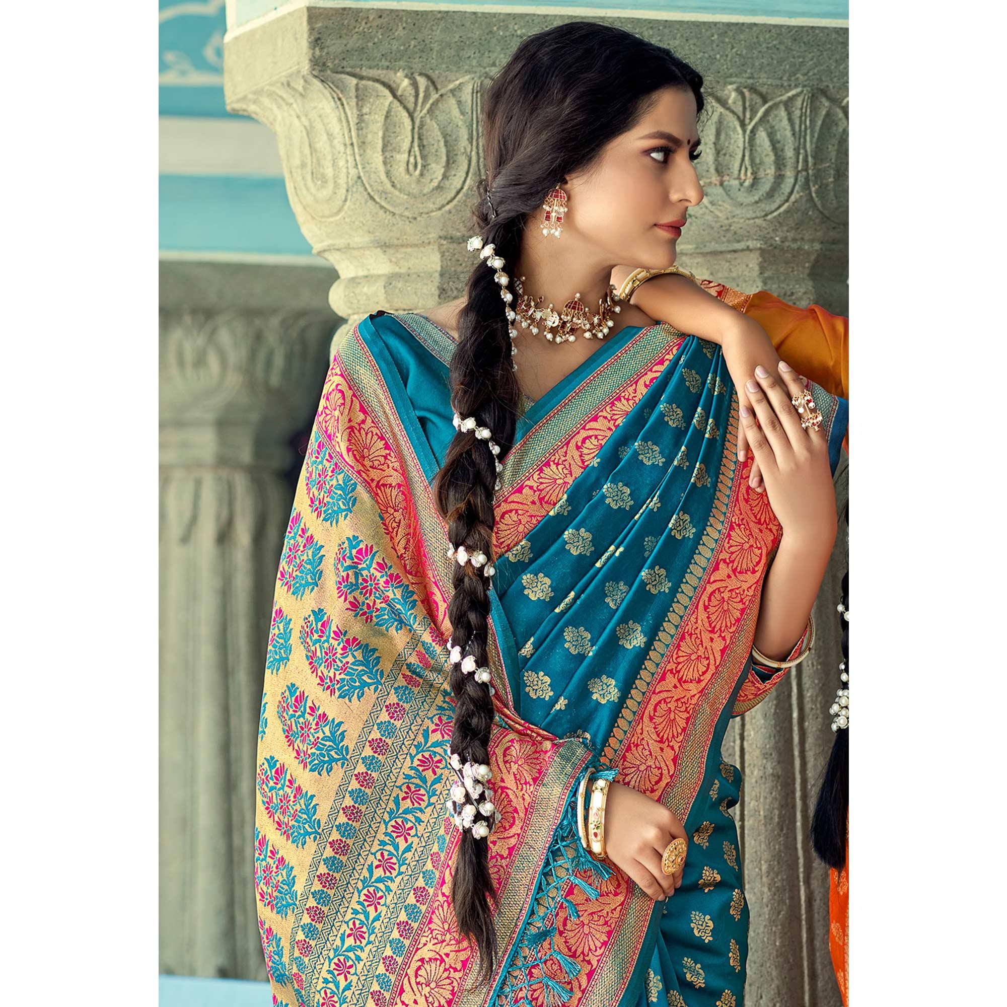 Blue Festive Wear Woven Banarasi Silk Saree - Peachmode