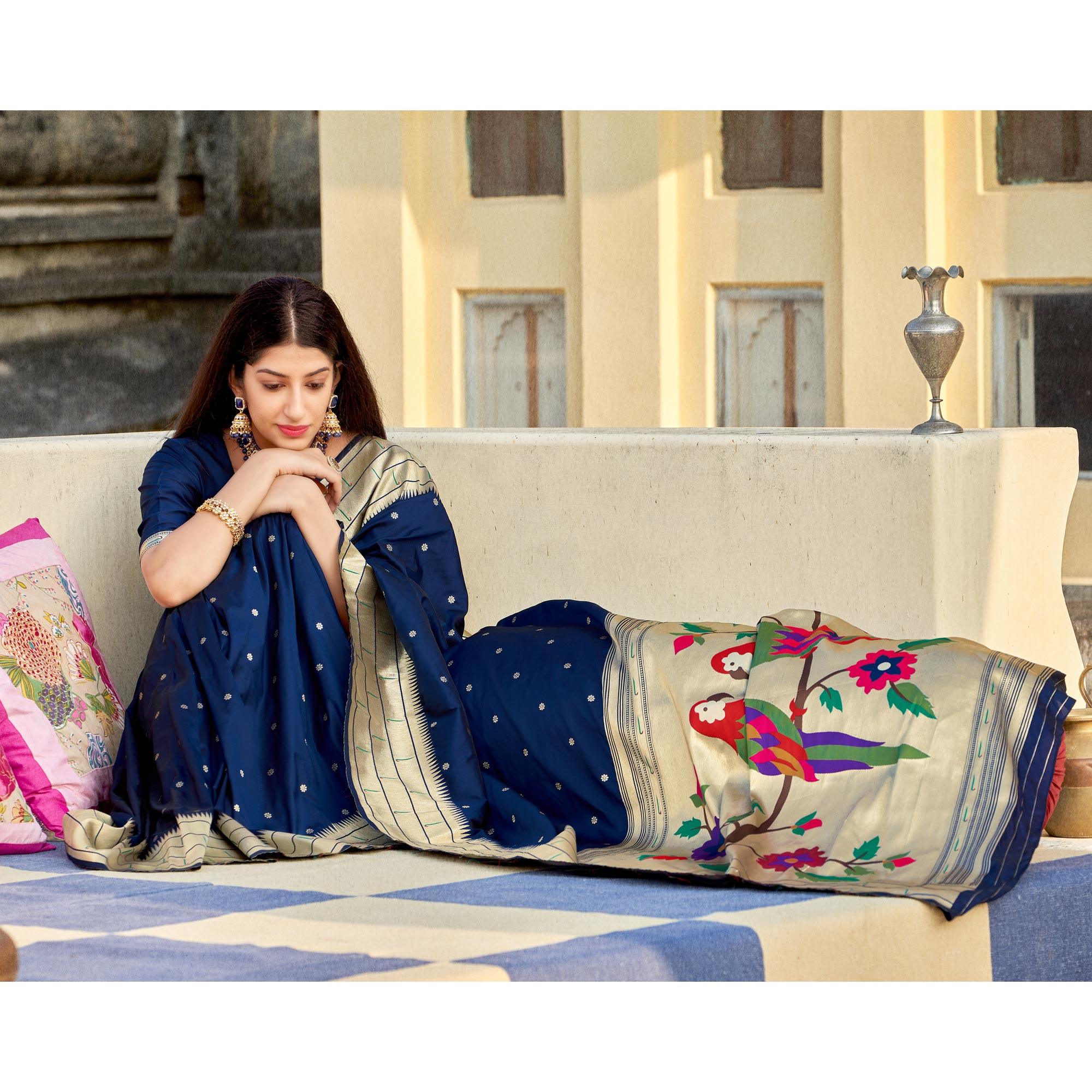 Blue Festive Wear Woven Banarasi Silk Saree - Peachmode