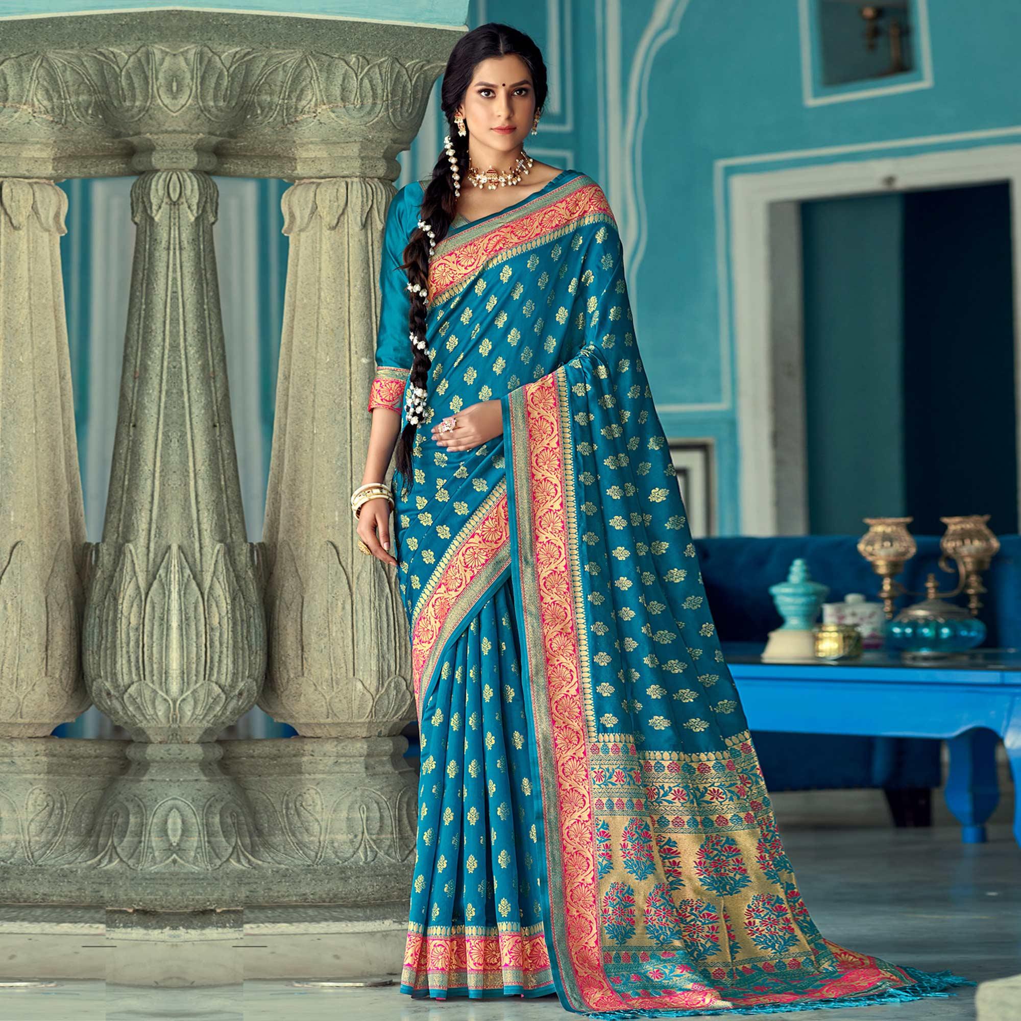 Blue Festive Wear Woven Banarasi Silk Saree - Peachmode