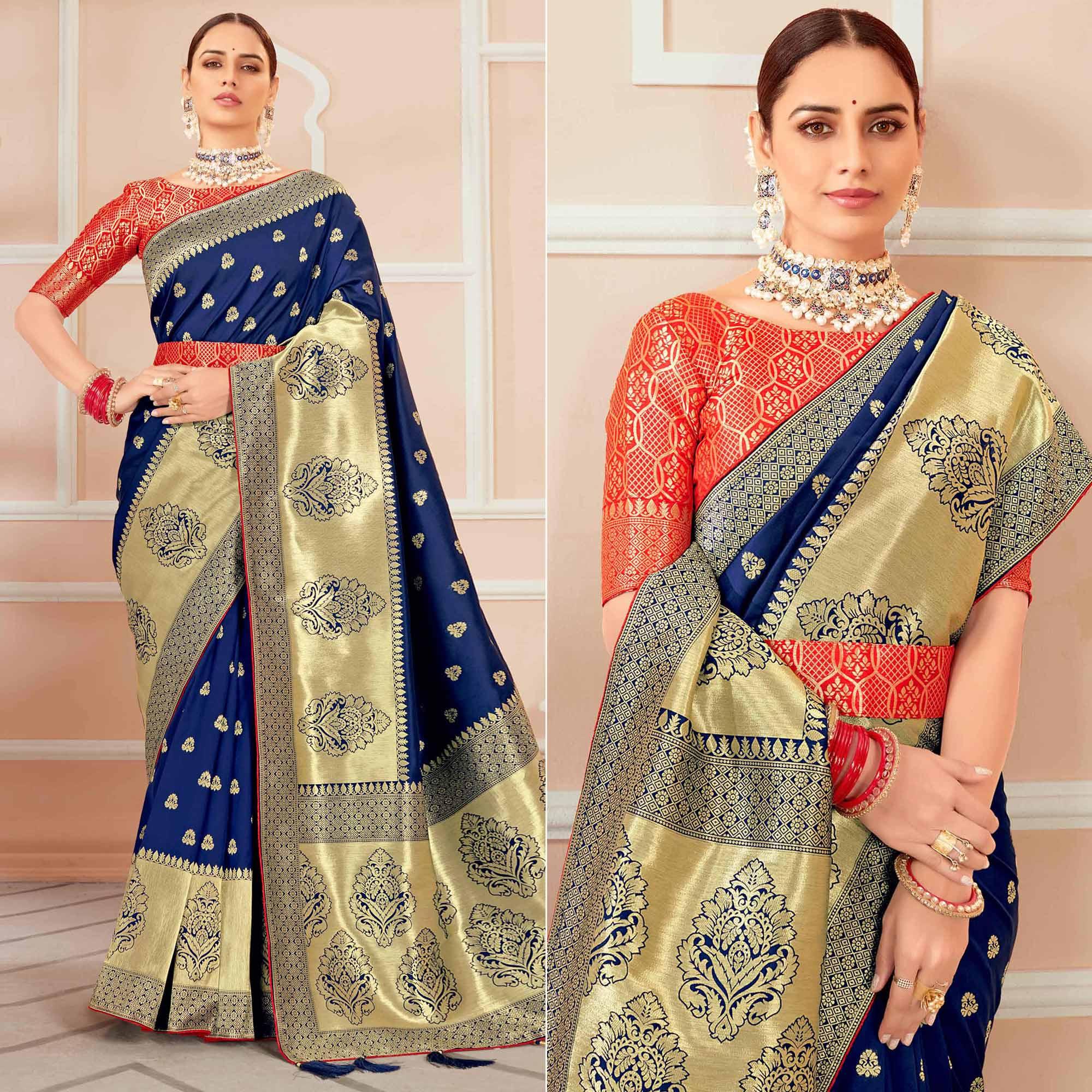 Blue Festive Wear Woven Banarasi Silk Saree With Tassels - Peachmode