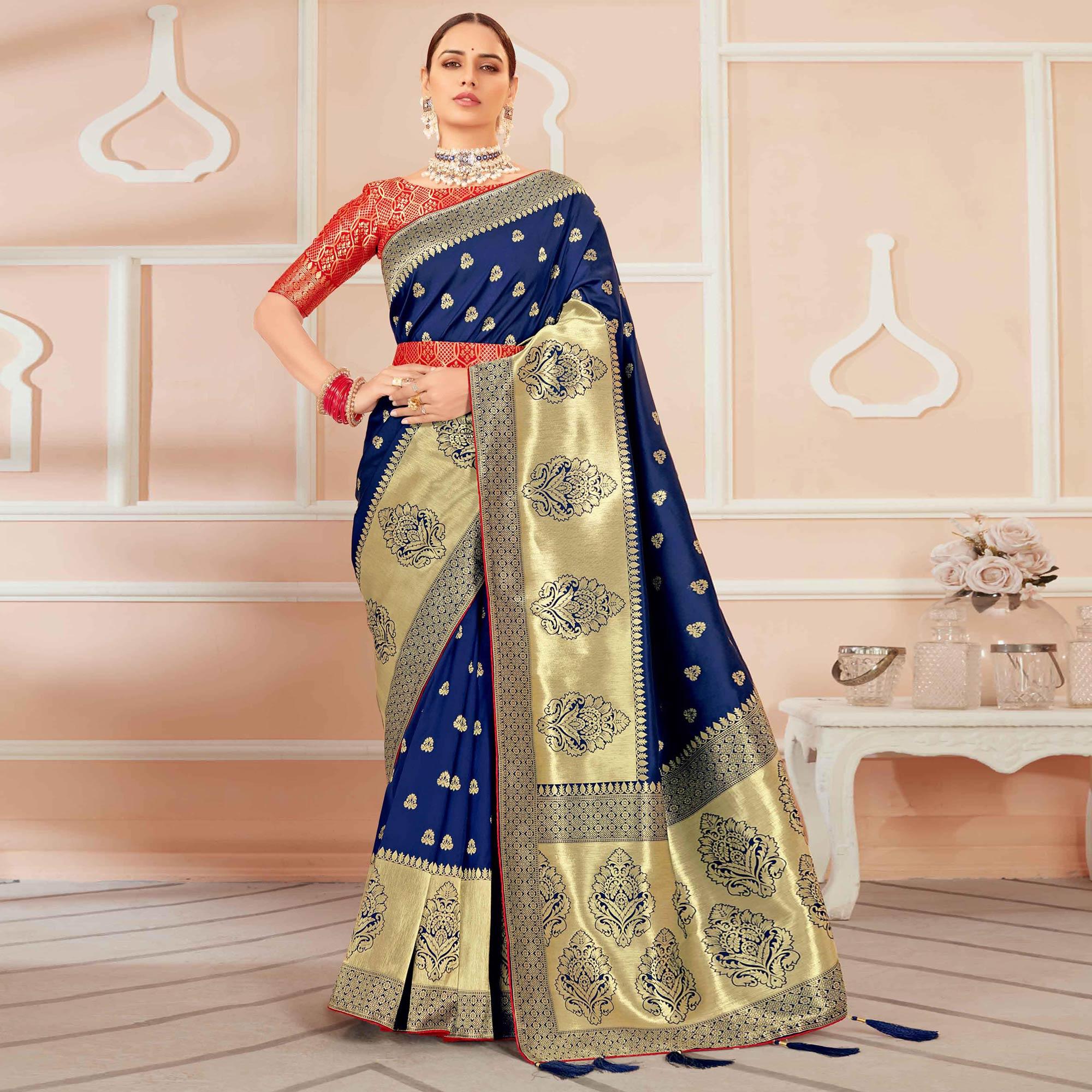 Blue Festive Wear Woven Banarasi Silk Saree With Tassels - Peachmode
