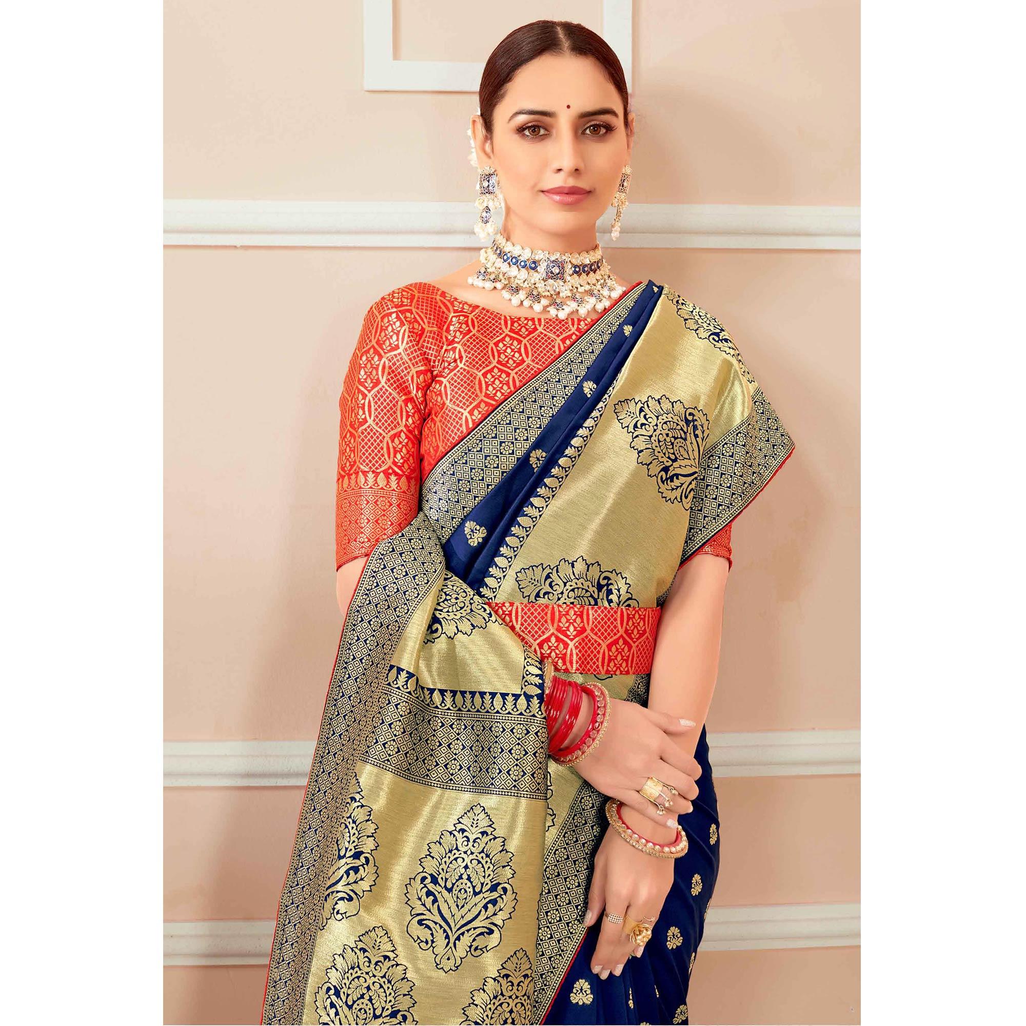 Blue Festive Wear Woven Banarasi Silk Saree With Tassels - Peachmode