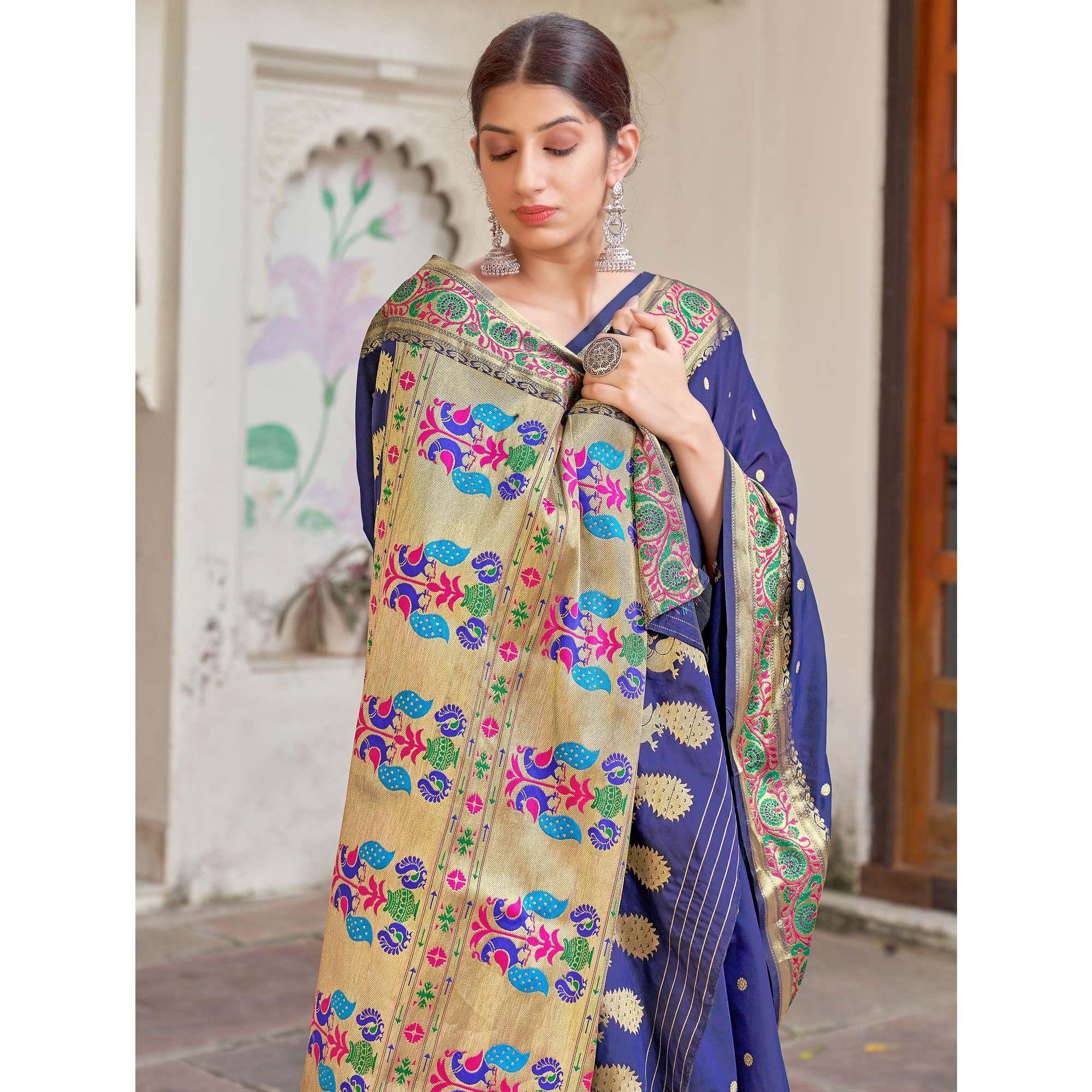 Blue Festive Wear Woven Banarasi Soft Silk Saree - Peachmode