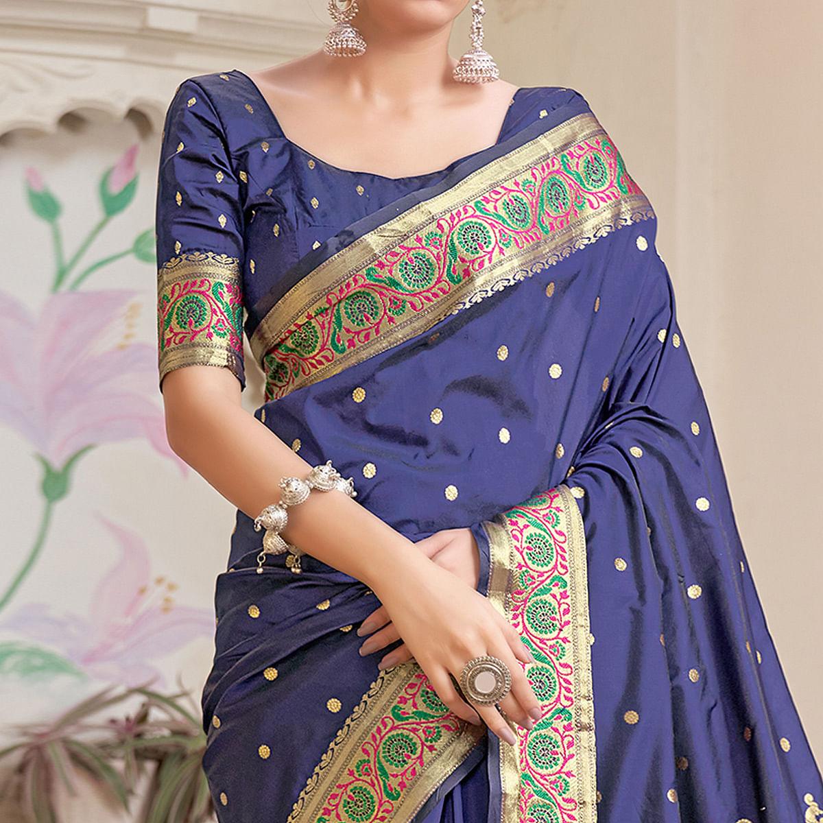Blue Festive Wear Woven Banarasi Soft Silk Saree - Peachmode