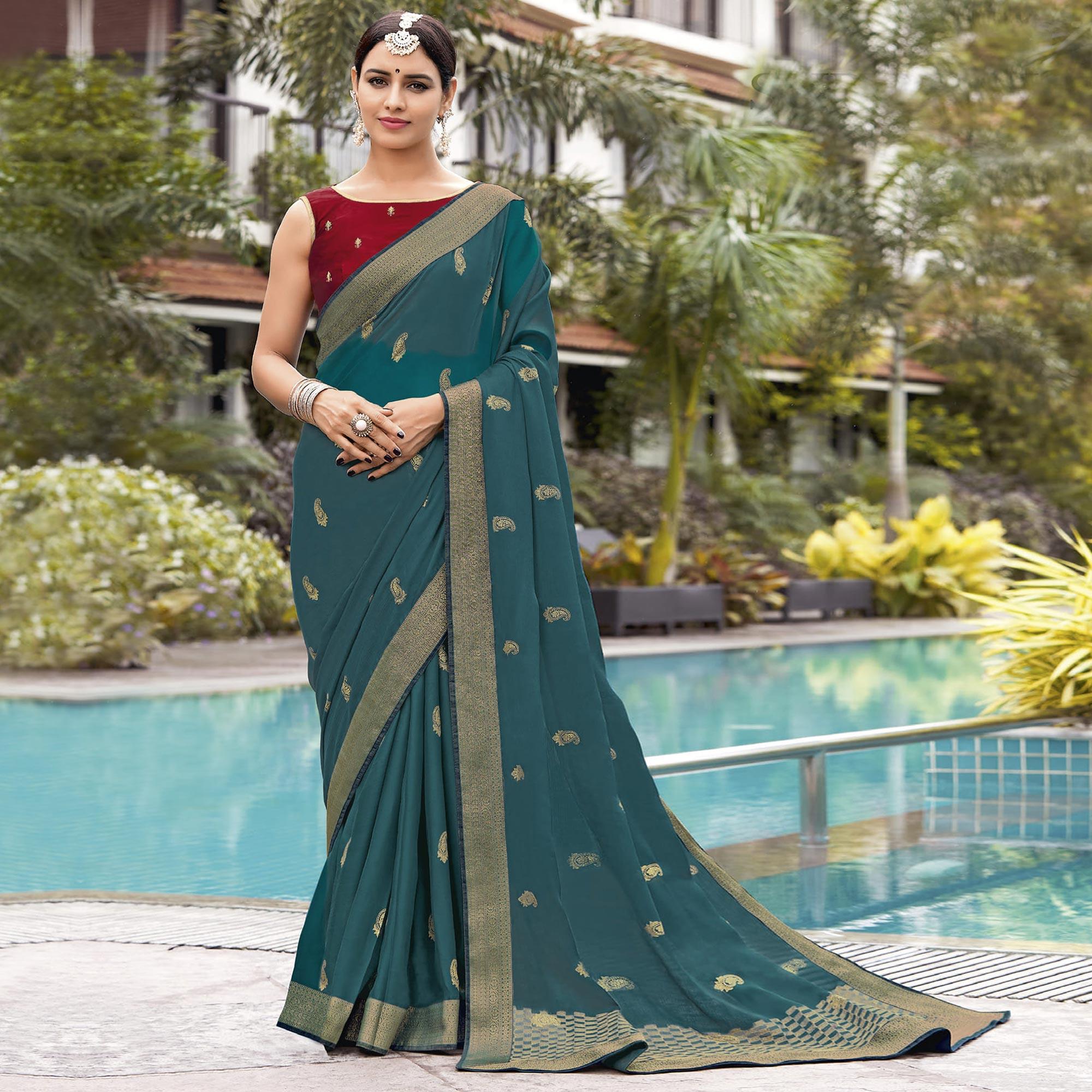 Blue Festive Wear Woven Chiffon Saree - Peachmode