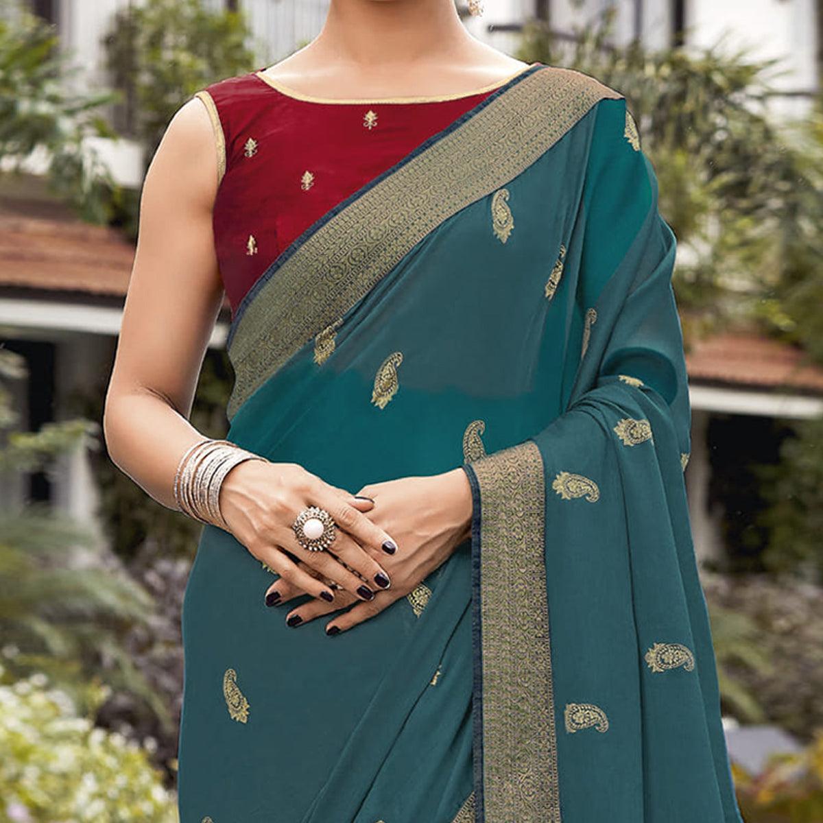 Blue Festive Wear Woven Chiffon Saree - Peachmode