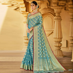 Blue Festive Wear Woven Cotton Handloom Saree - Peachmode