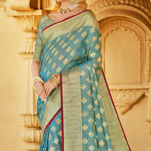Blue Festive Wear Woven Cotton Handloom Saree - Peachmode
