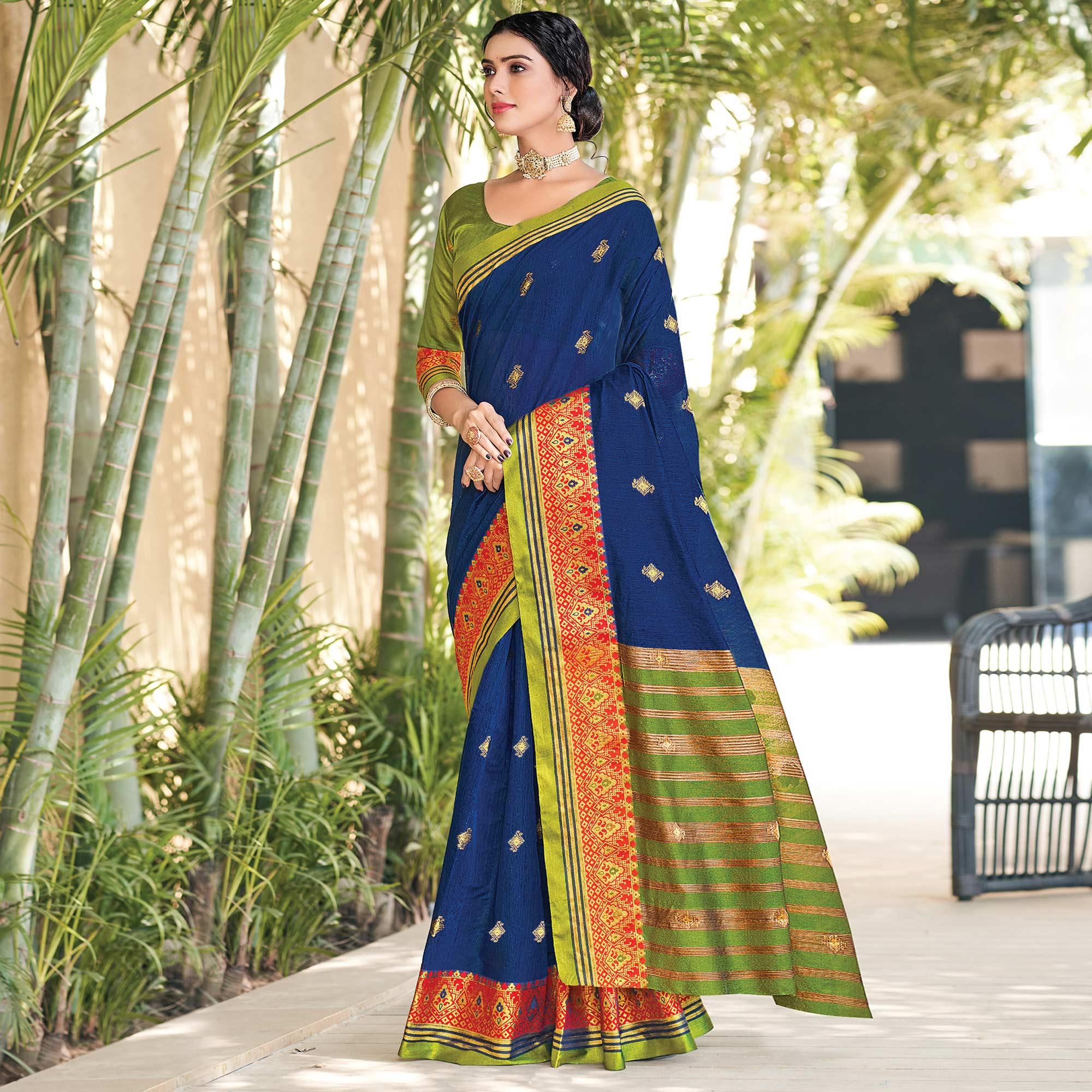 Blue Festive Wear Woven Cotton Saree - Peachmode