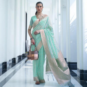 Blue Festive Wear Woven Cotton Saree - Peachmode