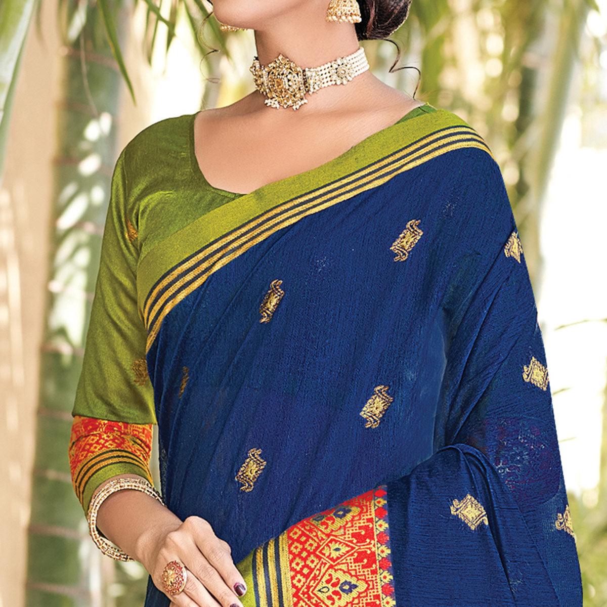 Blue Festive Wear Woven Cotton Saree - Peachmode