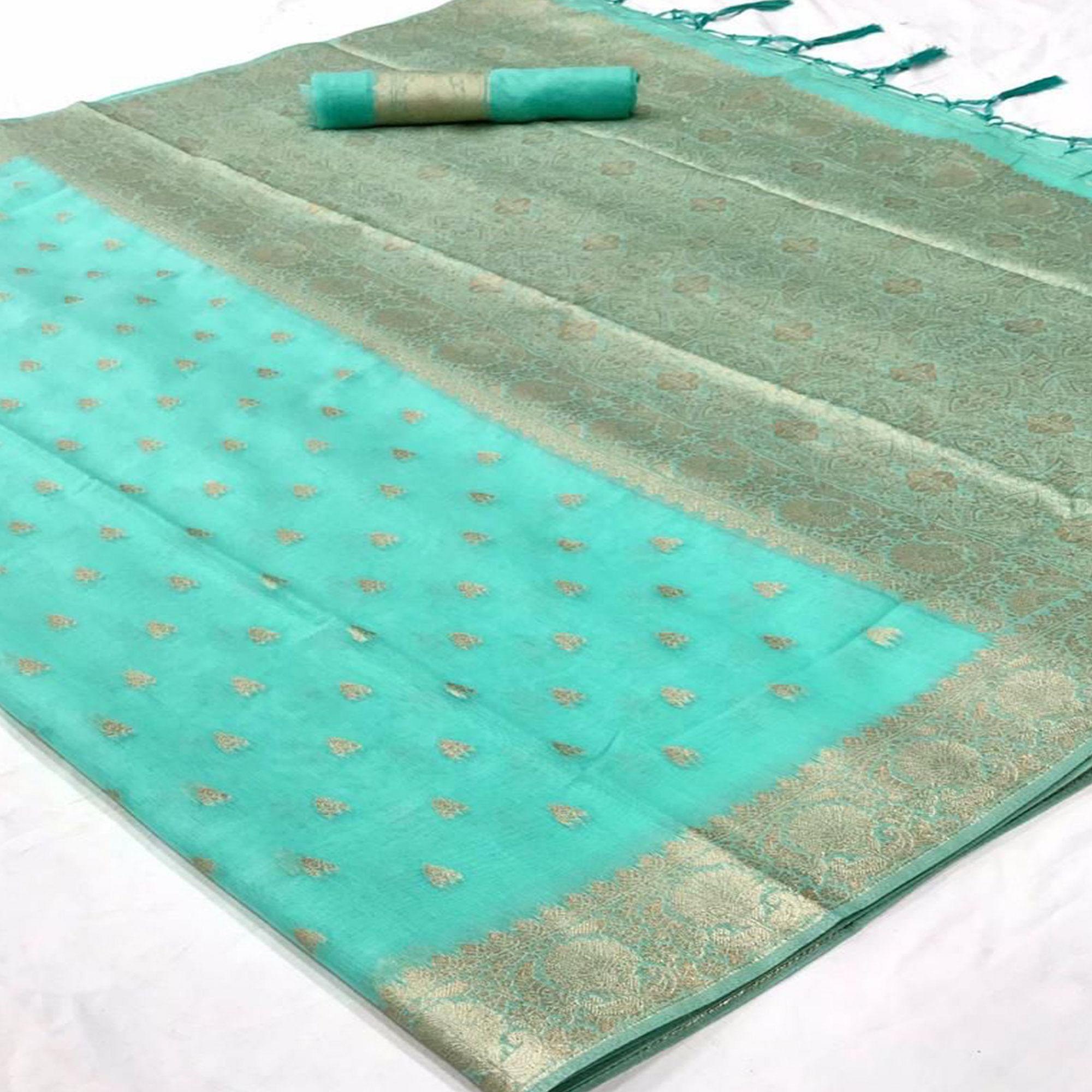 Blue Festive Wear Woven Cotton Saree - Peachmode