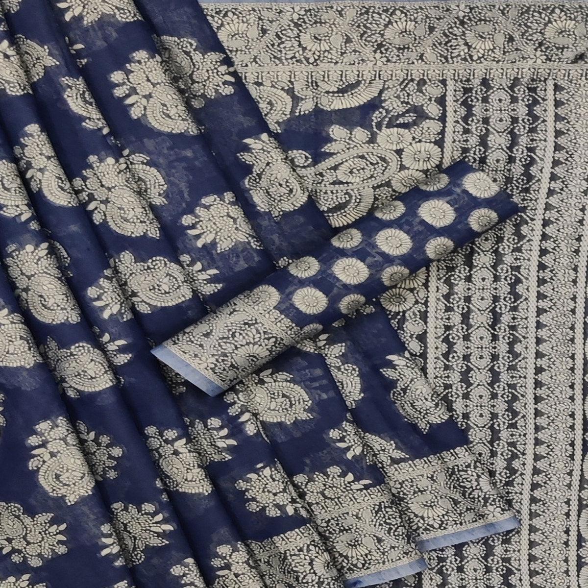 Blue Festive Wear Woven Cotton Saree - Peachmode