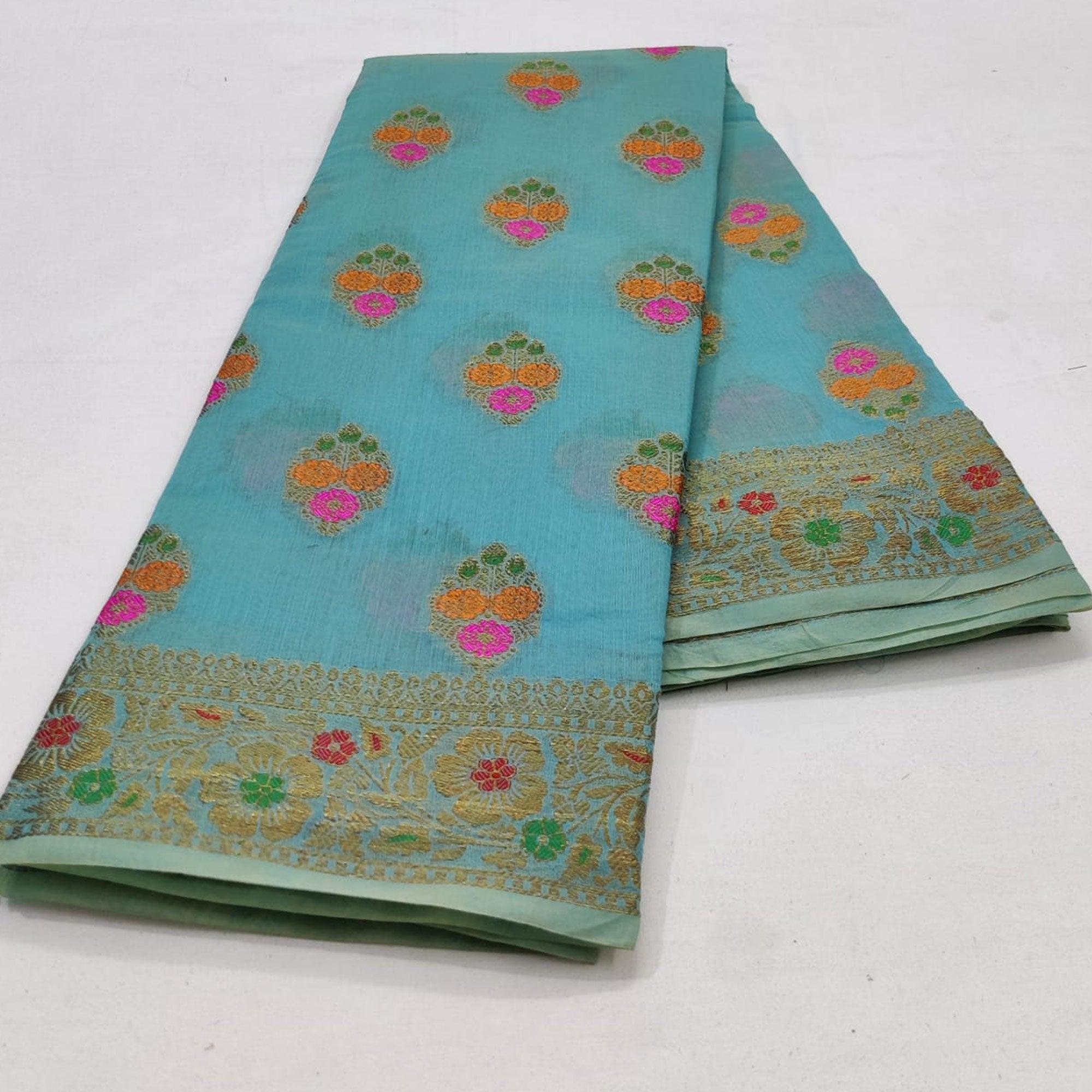Blue Festive Wear Woven Cotton Saree With Meena Butta Pallu - Peachmode