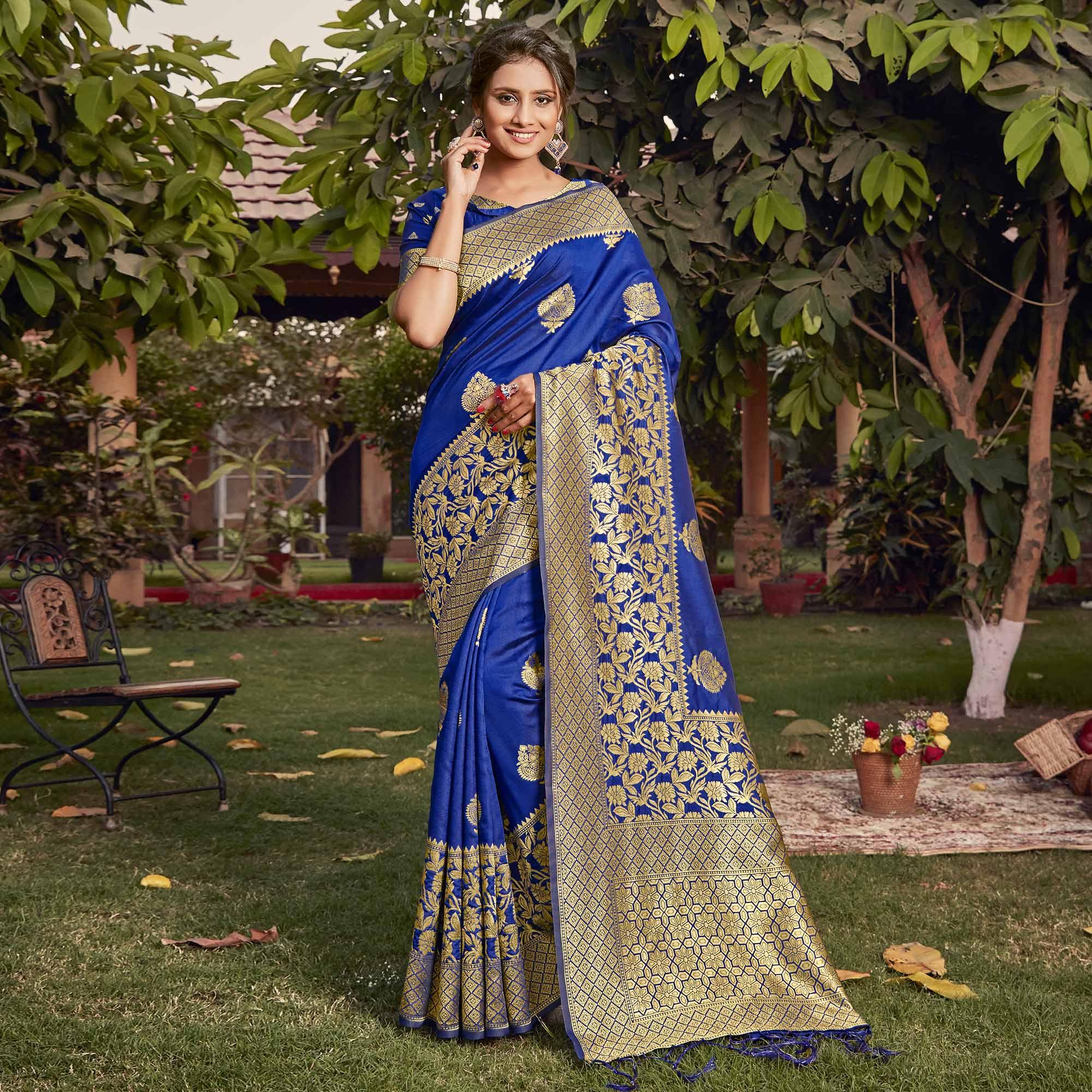 Blue Festive Wear Woven Cotton Silk Saree - Peachmode