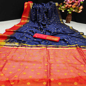 Blue Festive Wear Woven Cotton Silk Saree - Peachmode
