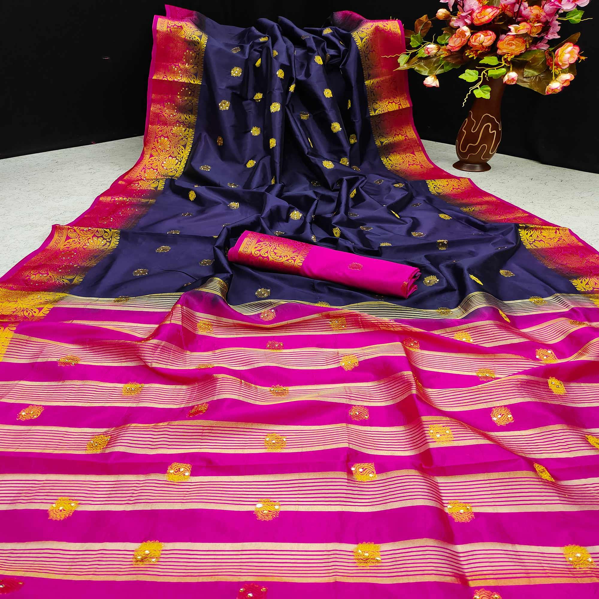 Blue Festive Wear Woven Cotton Silk Saree - Peachmode