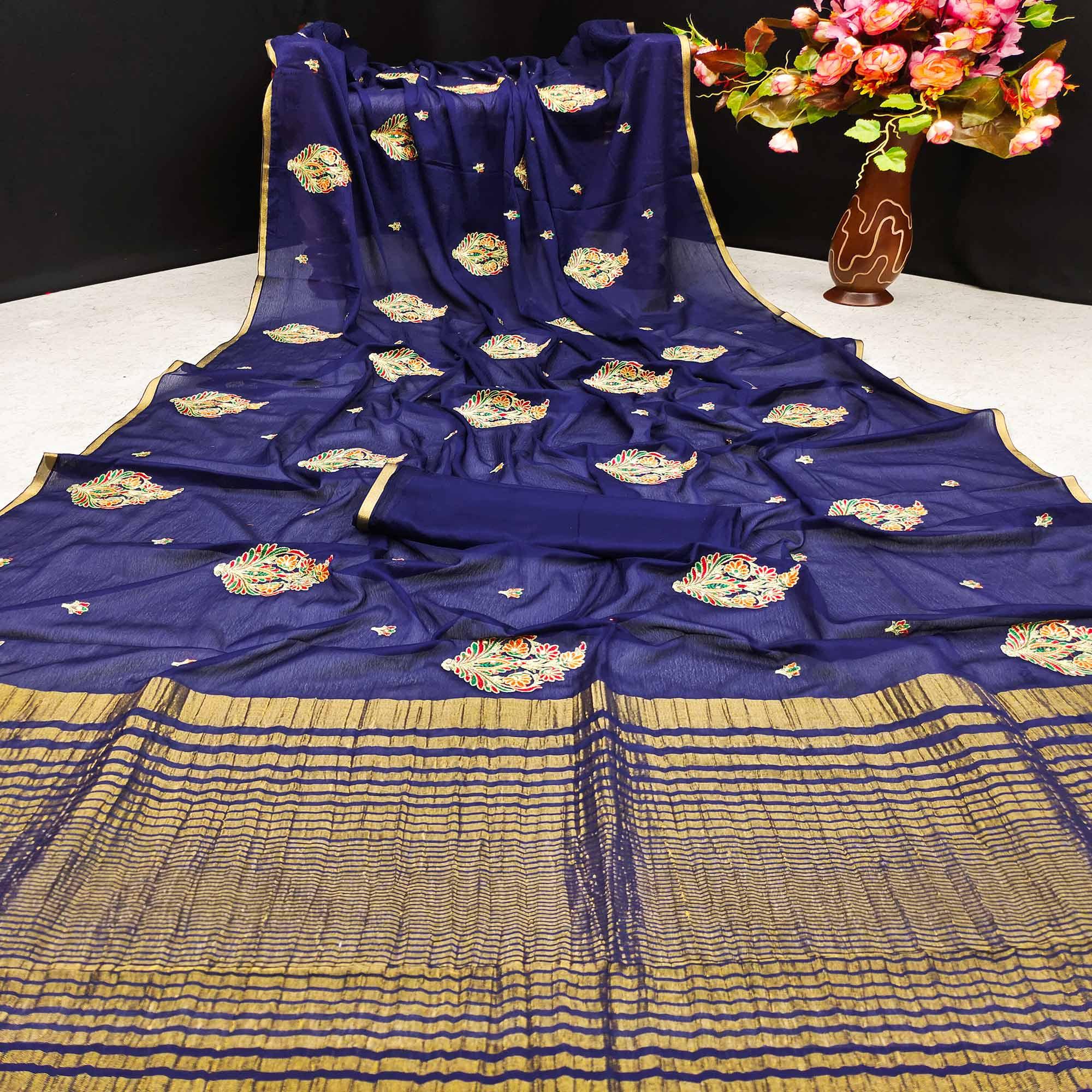 Blue Festive Wear Woven Cotton Silk Saree - Peachmode