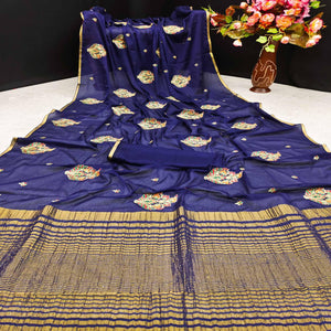 Blue Festive Wear Woven Cotton Silk Saree - Peachmode