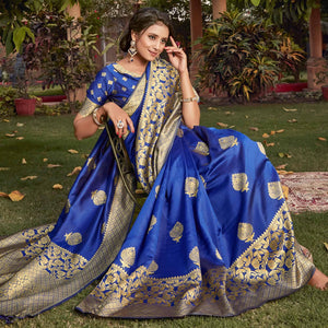 Blue Festive Wear Woven Cotton Silk Saree - Peachmode