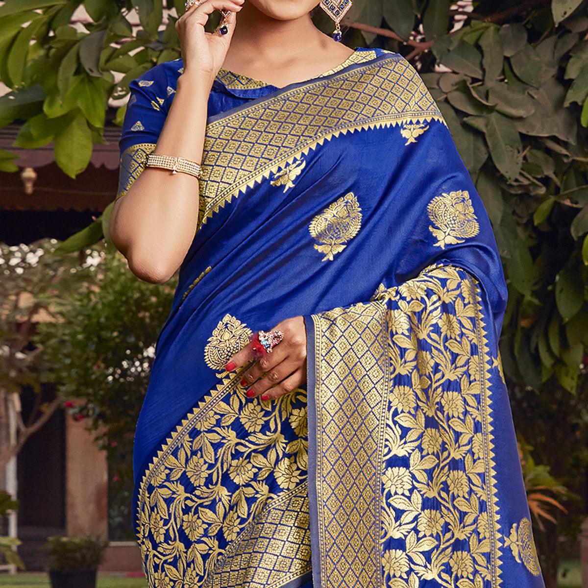 Blue Festive Wear Woven Cotton Silk Saree - Peachmode