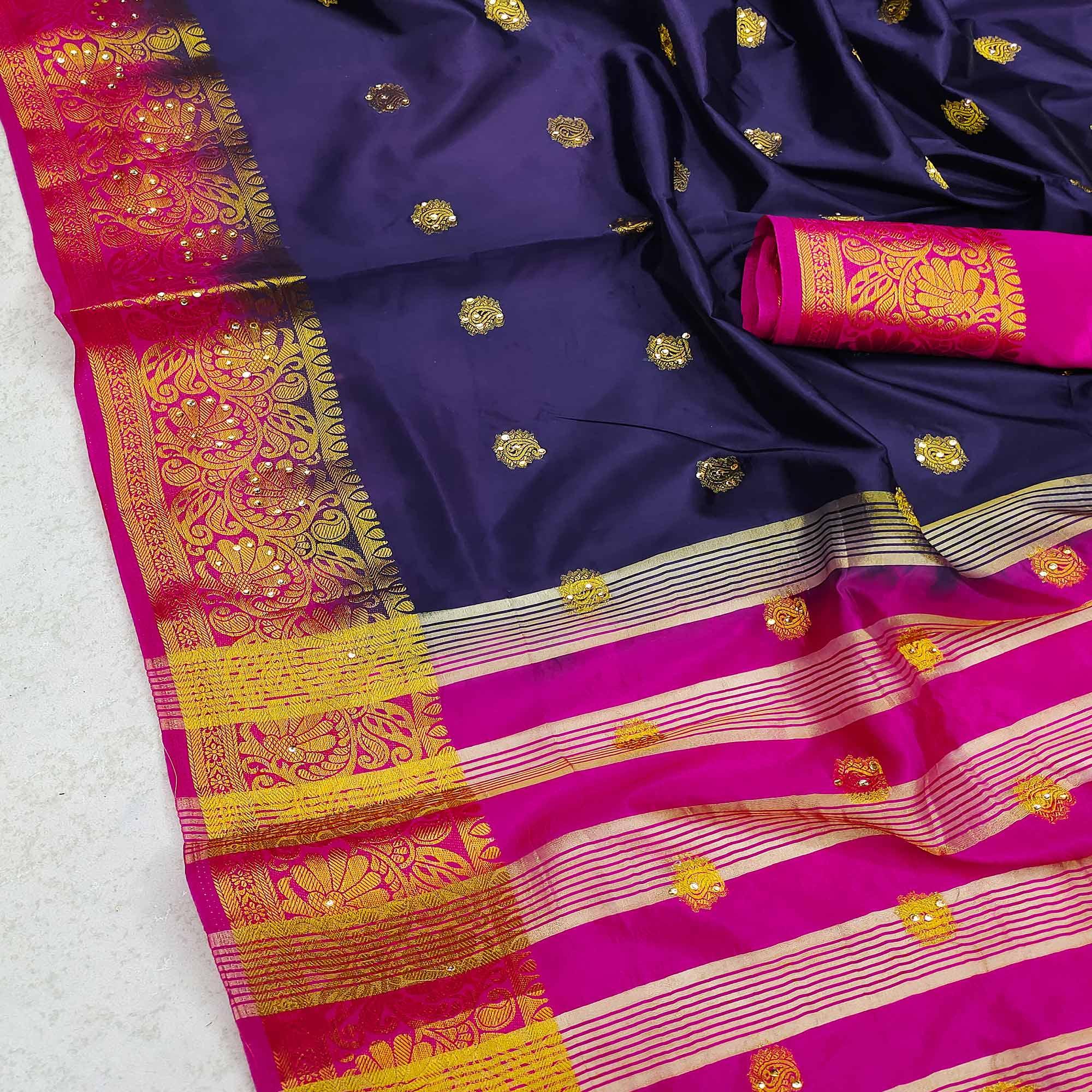 Blue Festive Wear Woven Cotton Silk Saree - Peachmode