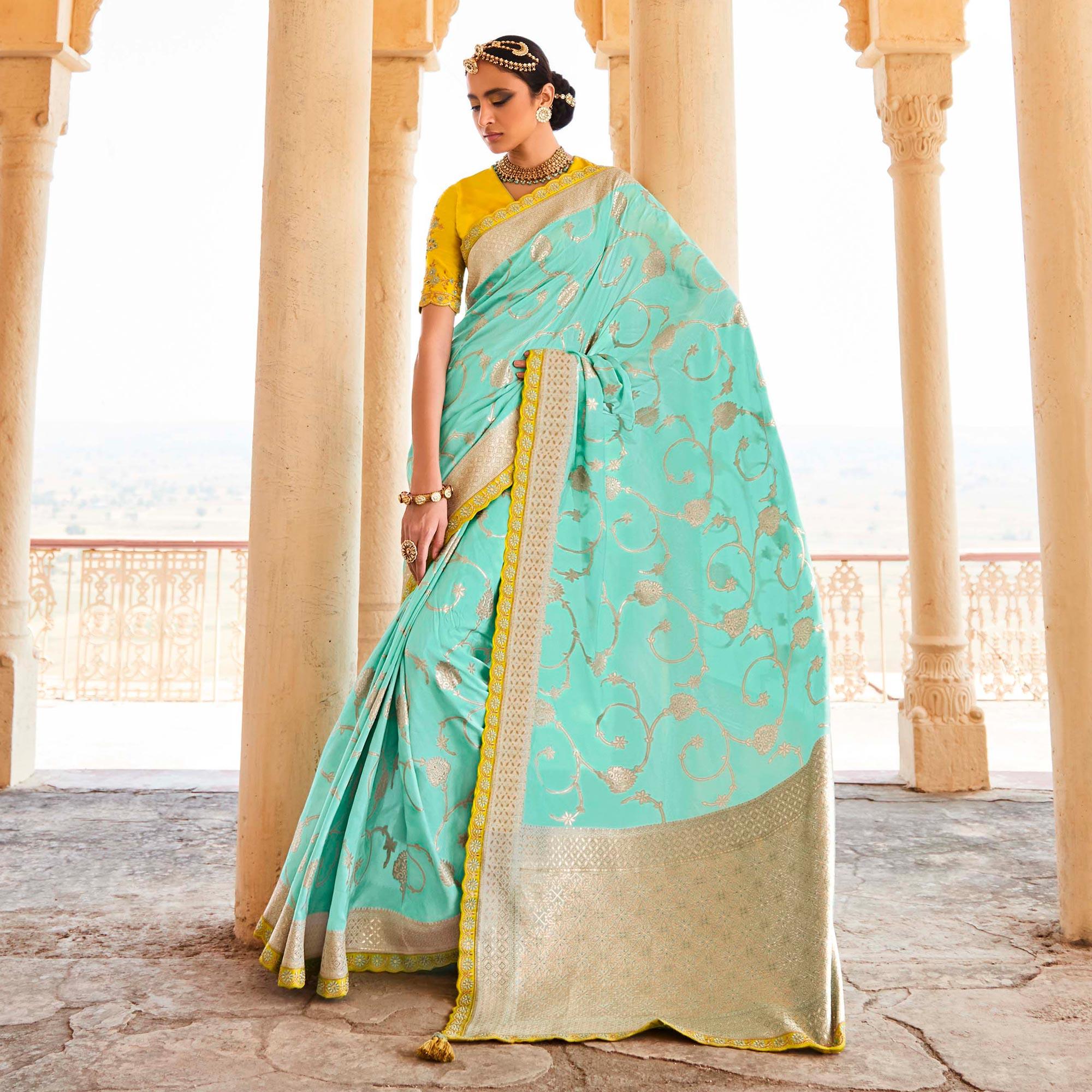 Blue Festive Wear Woven Dola Silk Saree - Peachmode