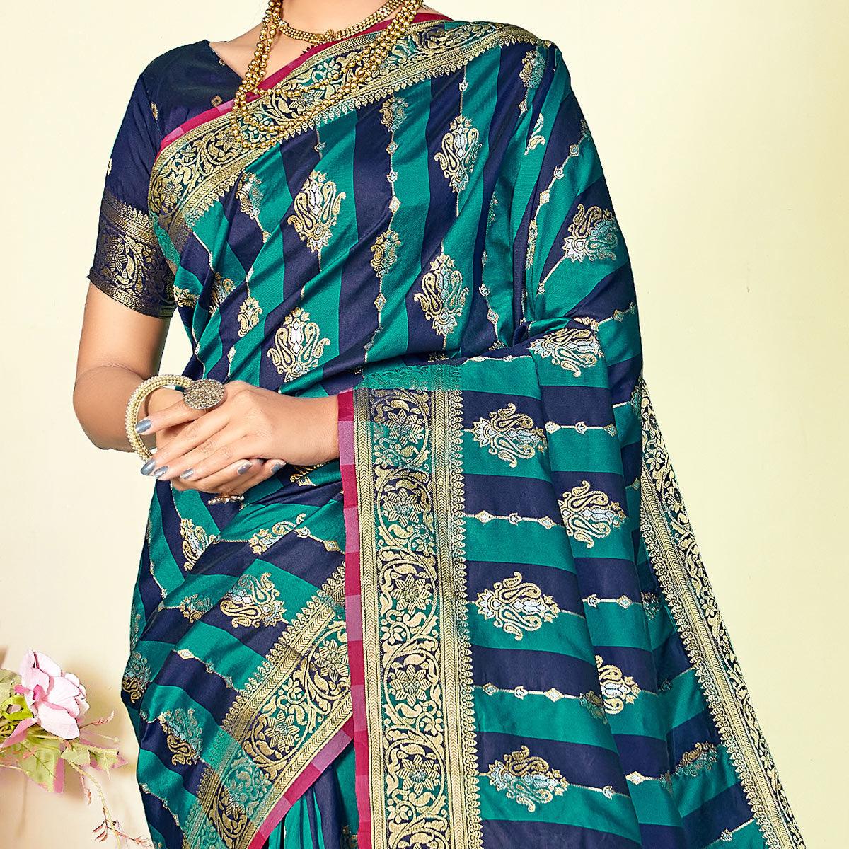 Blue Festive Wear Woven Handloom Paithani Silk Saree - Peachmode